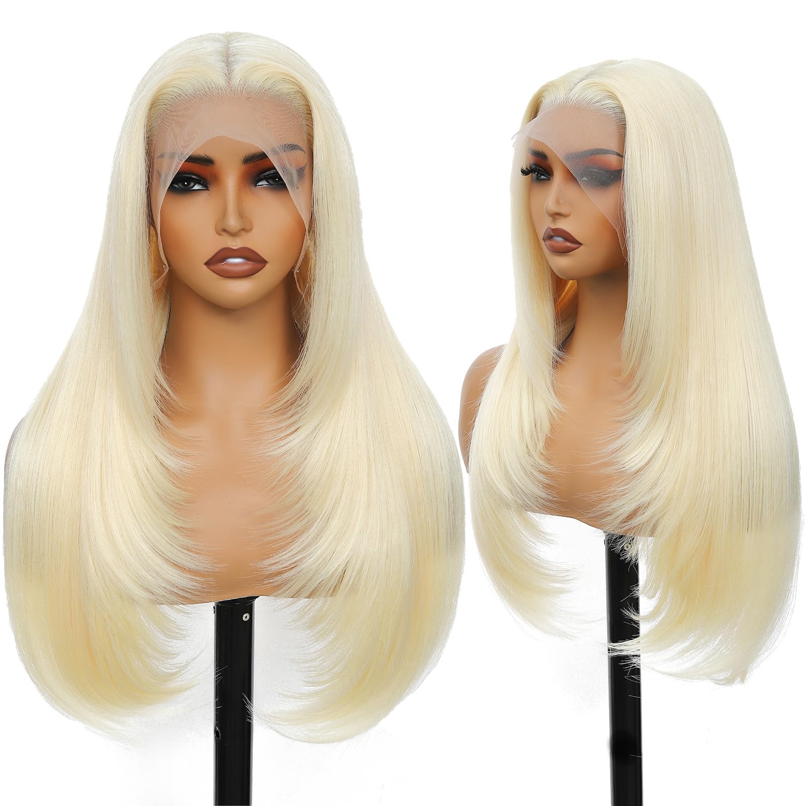 Photo 1 of Blonde 13x4 Synthetic Lace Front Wig Layered Hairstyle Pre Plucked Straight Long Glueless Wigs for Black Women 26 Inch