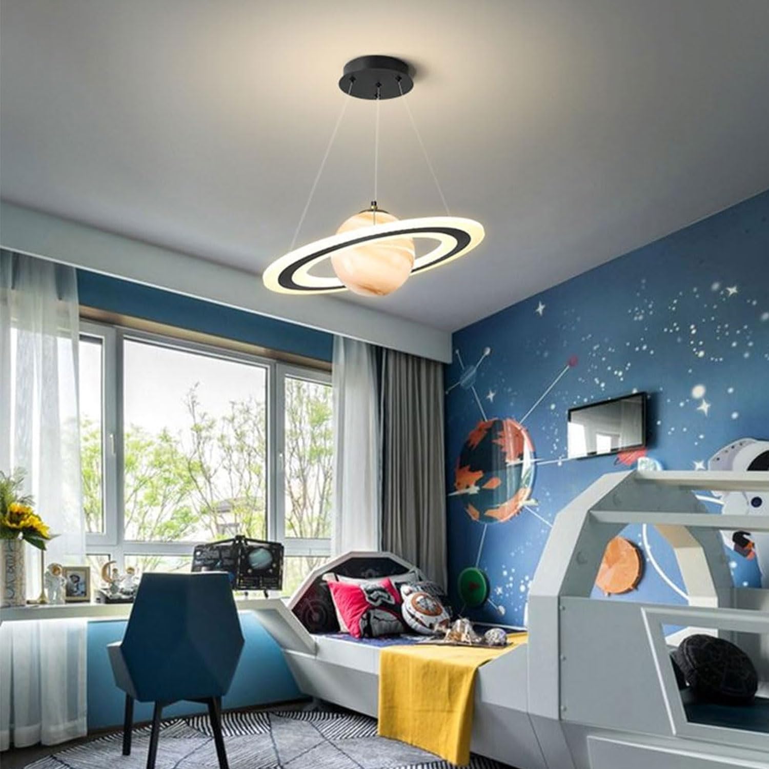 Lampadari a sospensione a forma di pianeta per cameretta dei bambini, lampadario moderno in acrilico per interni, attacco E27, con paralume rotondo in vetro, per soggiorno di ragazzi e ragazze