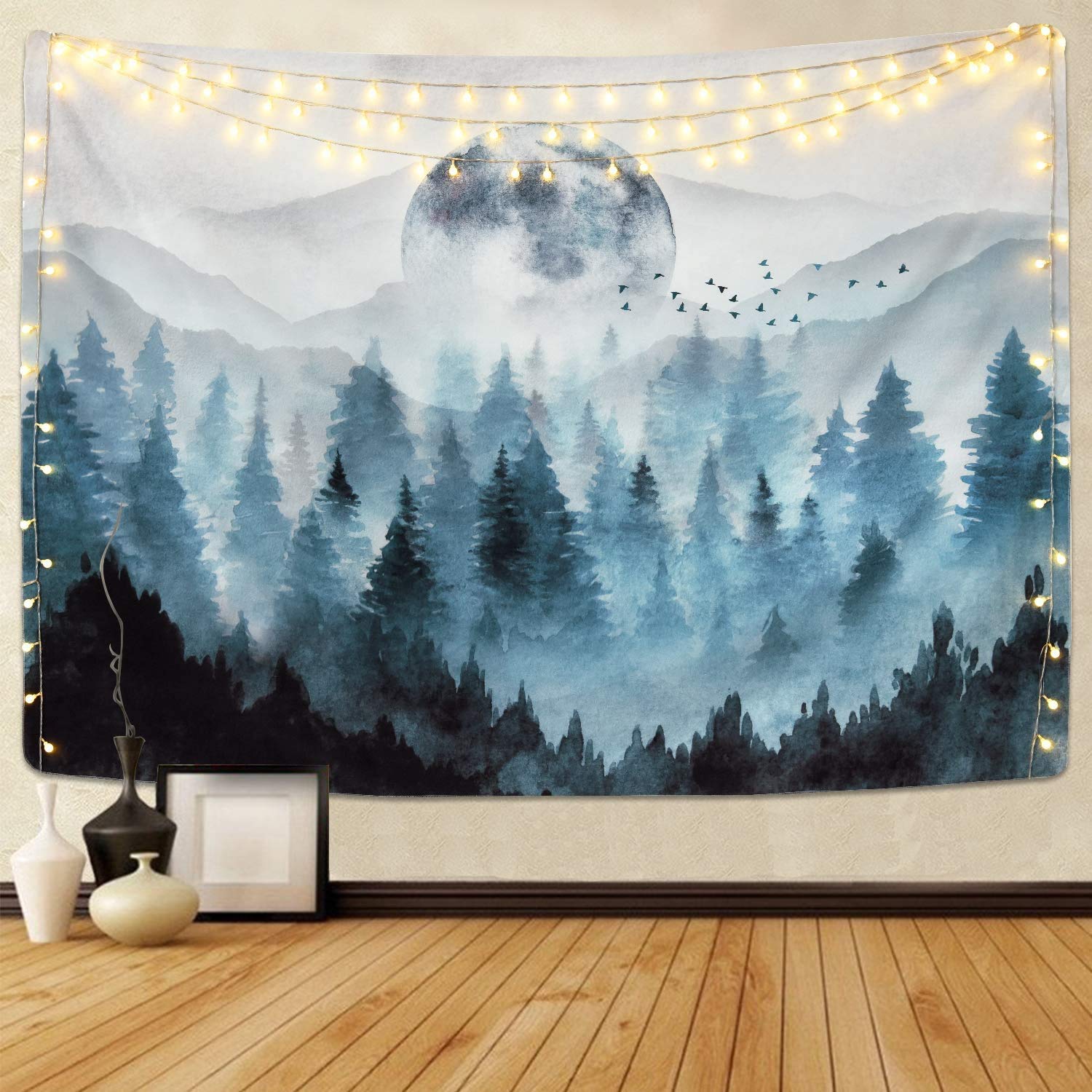 Blue Mountain Tapestry Wall Hanging, Flock of Birds in Sunset Foggy Forest Tapestry Wall Art Hanging, Blue Mountains Forest Scenery with Magical Trees Moon Nature Sence Art Print, Tapestries Wall Home Décor for Bedroom Living Room Dorm College Dormitory, Man Gift 60''X40''