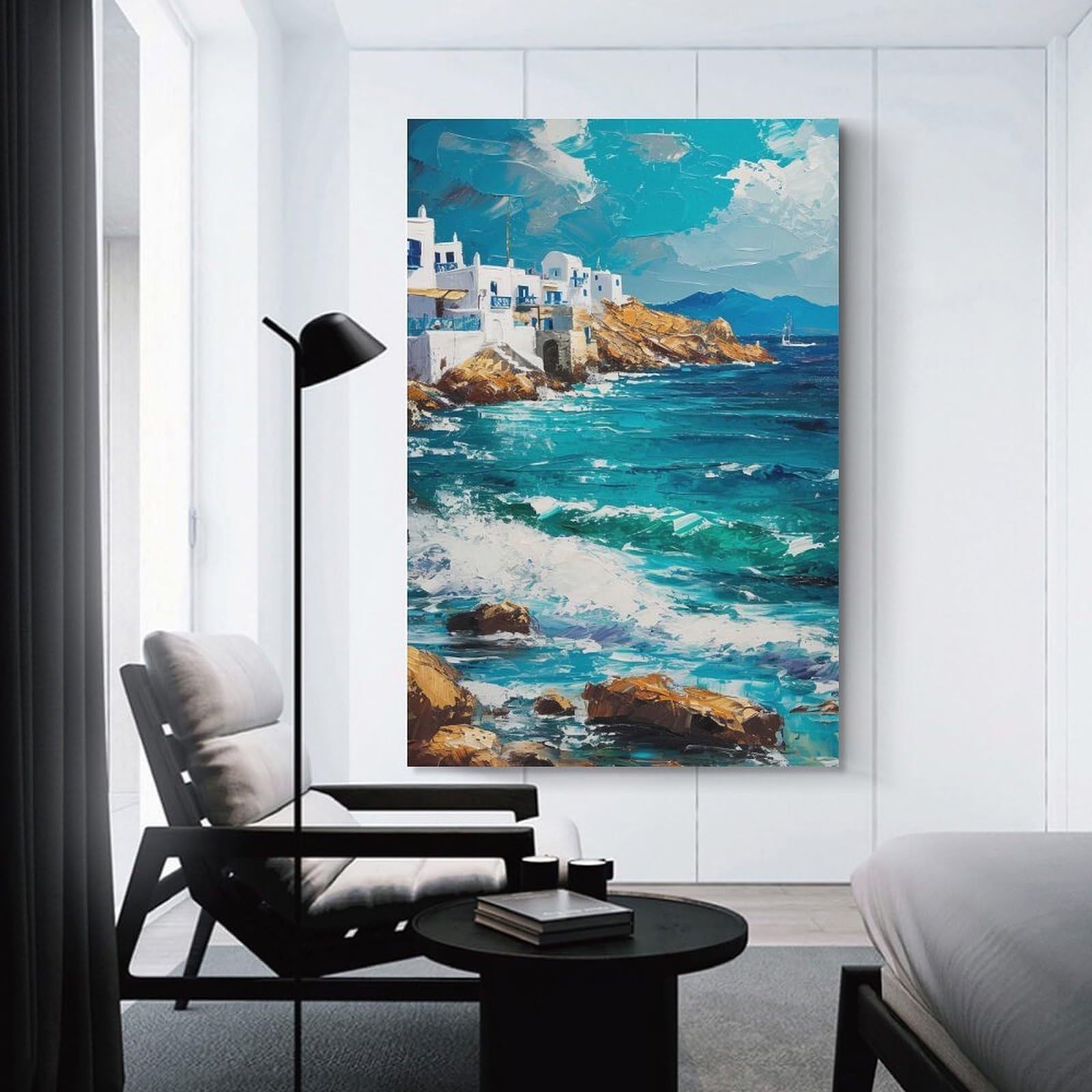 Junmoney Unframe-Style-18 Coastal Village Painting With Turquoise Sea Decorative Wall Artwork 24X36inch(60X90cm), For Front Hall, Corridor Or Welcome Spaces, Decorative Wall Art For Narrow Spaces
