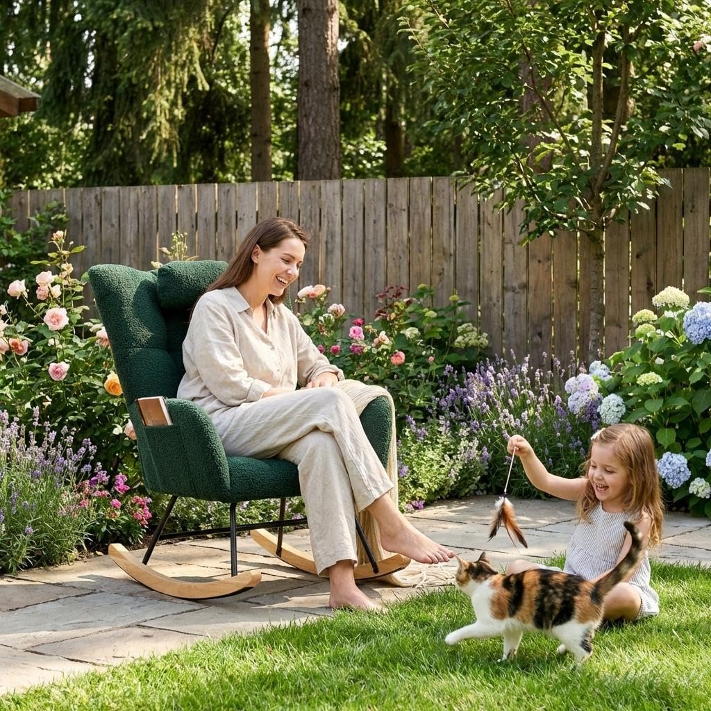 Upholstered Nursery Rocking Chair with Teddy Fabric, High Backrest and Padded Seat, Modern Accent Glider Recliner for Living Room, Bedroom and Reading Nook, Pink