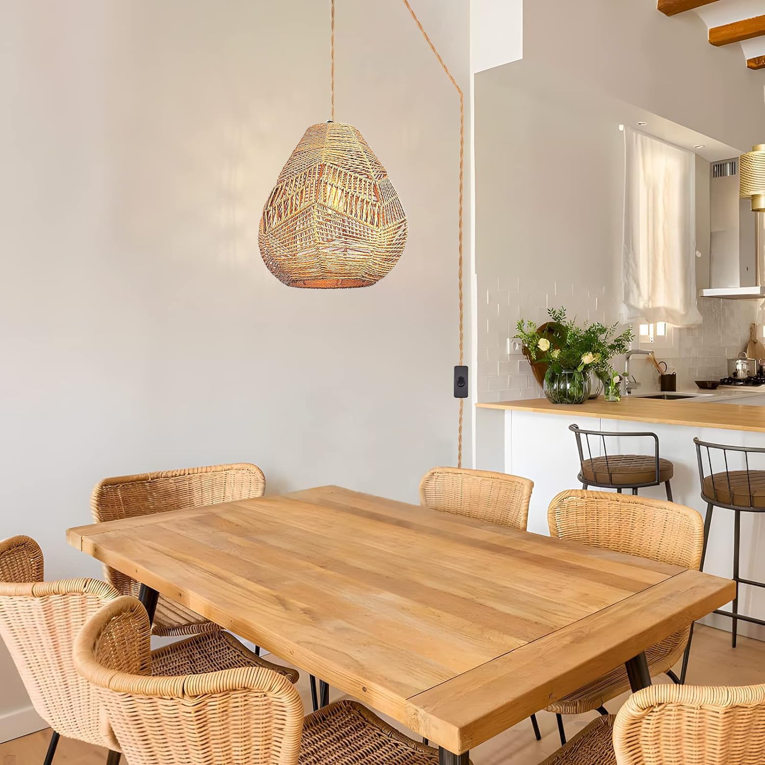 Pendelleuchte Kit mit Stecker Vintage Dimmbar Hängelampe Boho Rattan Lampe Plug in Hängeleuchte mit 4,5 Meter Seil Kabel E27 Handgewebte Lampenschirm Deckenleuchte für Küche Schlafzimmer Wohnzimmer