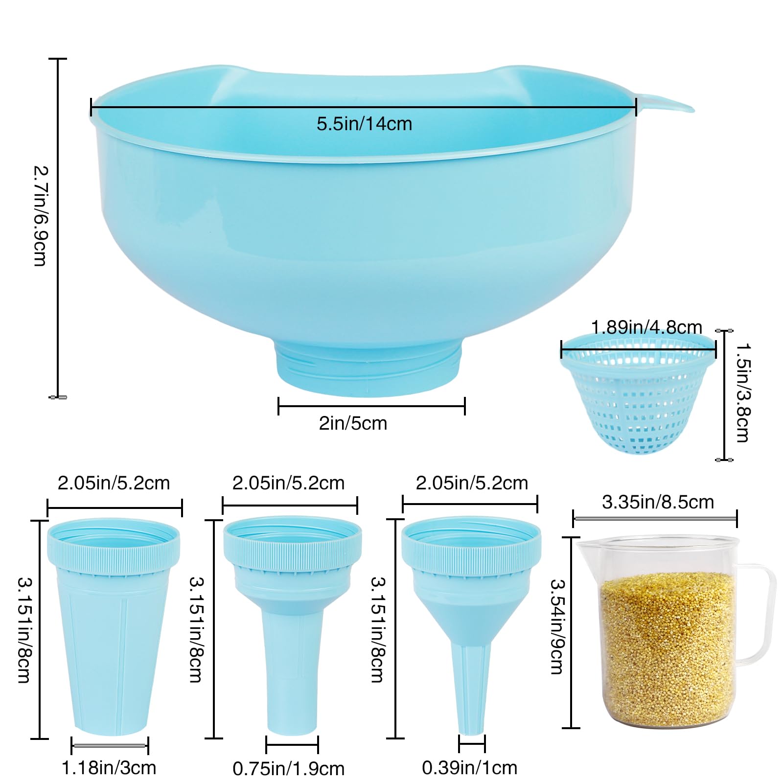SSYR&P Embudo boca ancha, embudo cocina multiusos 4 en 1 con filtro extraíble, plástico de calidad alimentaria, apto para lavavajillas, para llenar tarros de boca ancha y regulares,azul