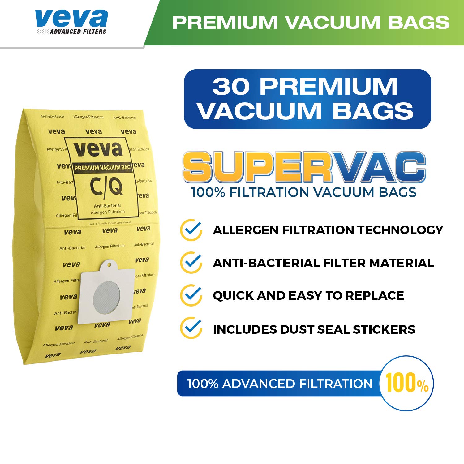 30 Pack VEVA Premium SuperVac Vacuum Bags Type C compatible with