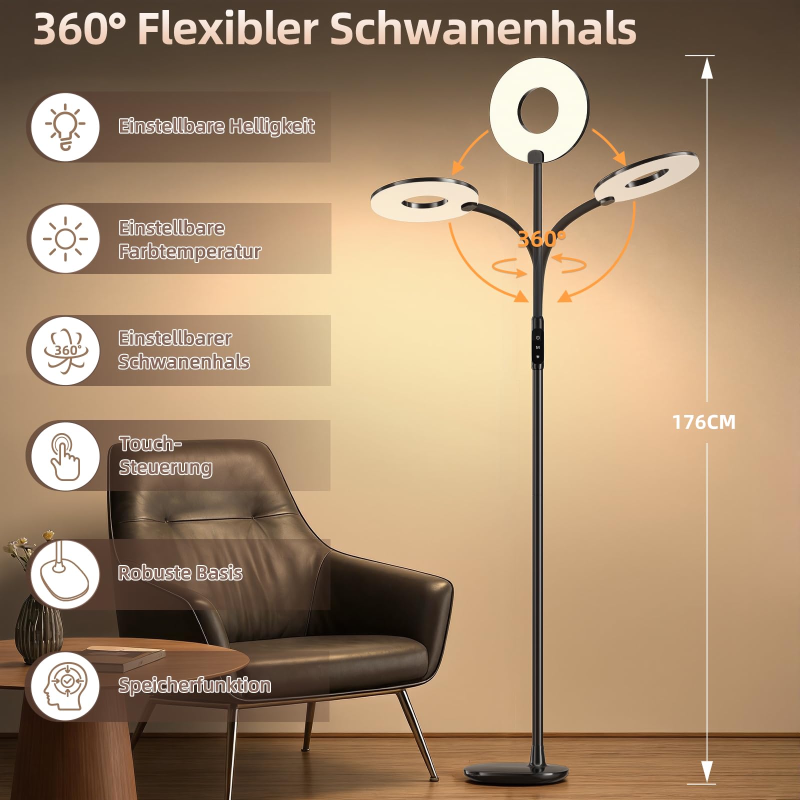 GyroVu Stehlampe Wohnzimmer Schwarz, 176cm Led Leselampe Stehlampe mit Touch-Steuerung, 3000K-5000K Dimmbar Stehleuchte mit Flexible Schwanenhals für Schlafzimmer Büro Wohnzimmer