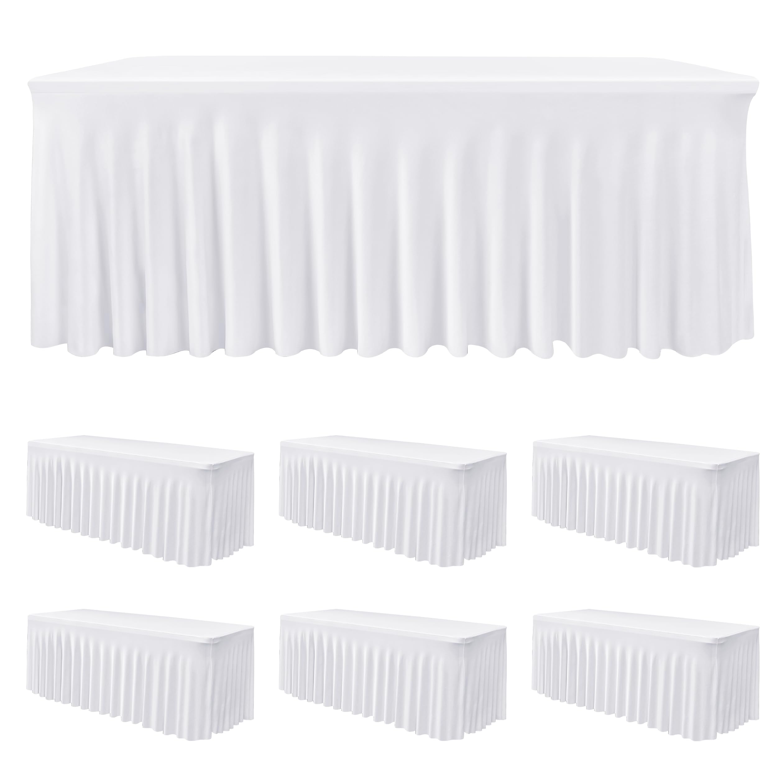 6 Pack White Spandex Table Covers 6ft Rectangle Ruffle Skirts for Party