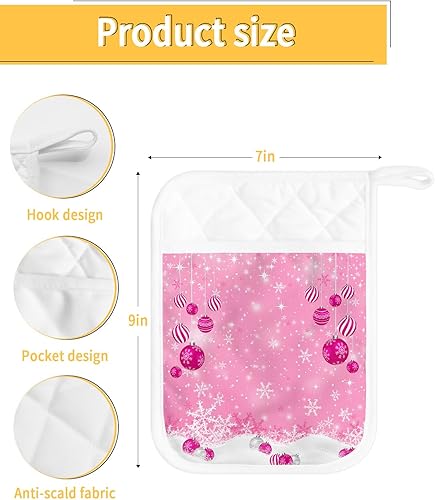 Miniatura 3 de Juego de 5 agarraderas de Navidad rosas para cocina, antideslizantes y aislantes de calor, juego de agarraderas de tela de toalla con bolsillo,