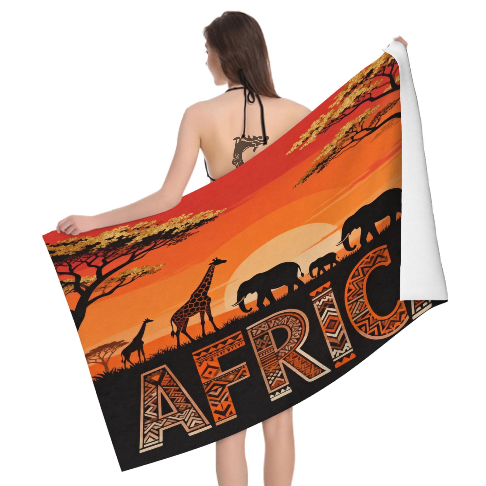 Leichong 3D African Landscape Beach Towel Large Microfiber Soft Quick Dry for Adults, Animal Silhouette Bath Towel Lightweight Soft Absorbent for Travel Swimming Pool Sports, 80 x 160 cm