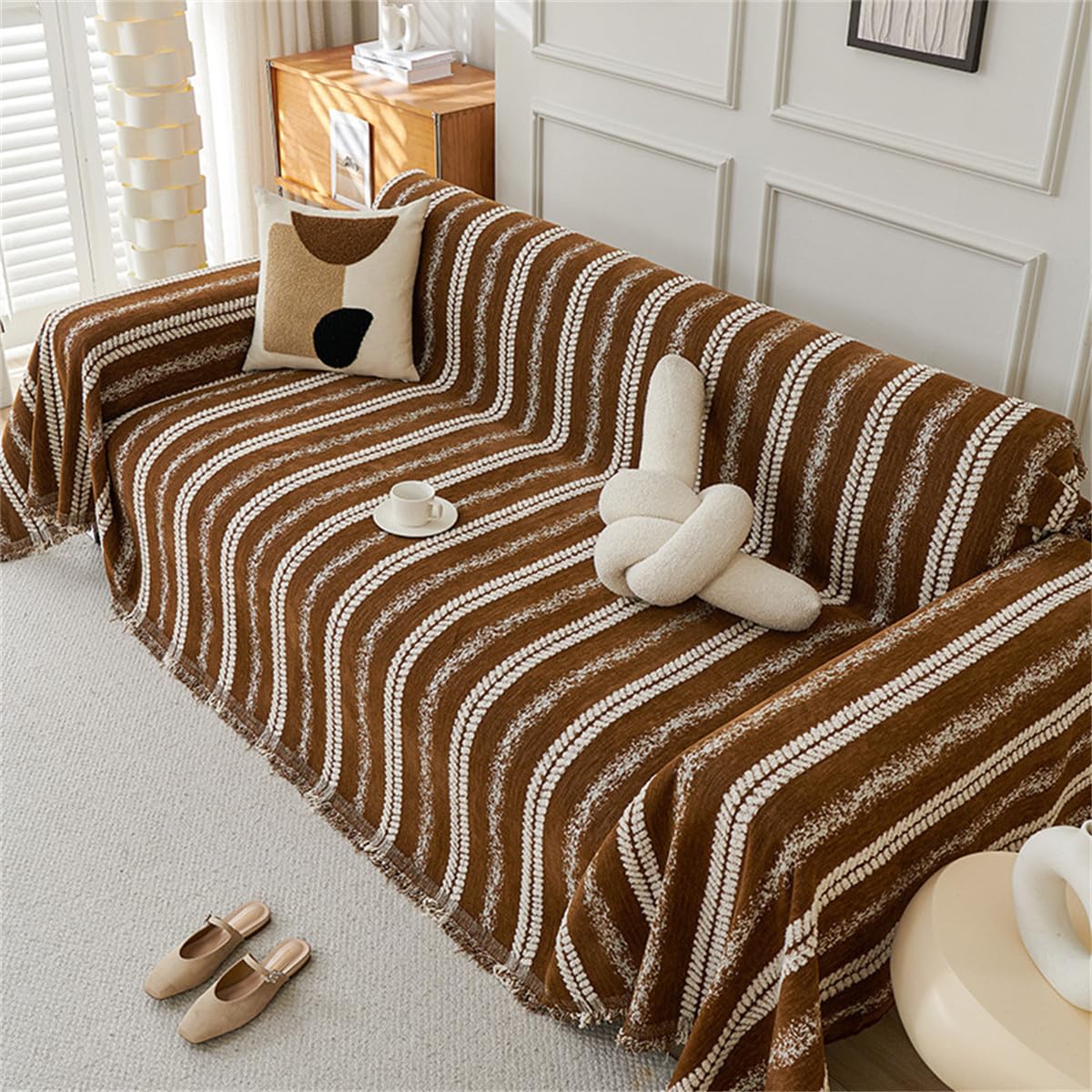 Highdi Throws for Sofa Large Soft Reversible 1 2 3 4 Seater Sofa Cover, Armchair Throw Blanket with Fringe, Travel Nap Blanket for Chair Couch Bed (Coffee,180x180cm)