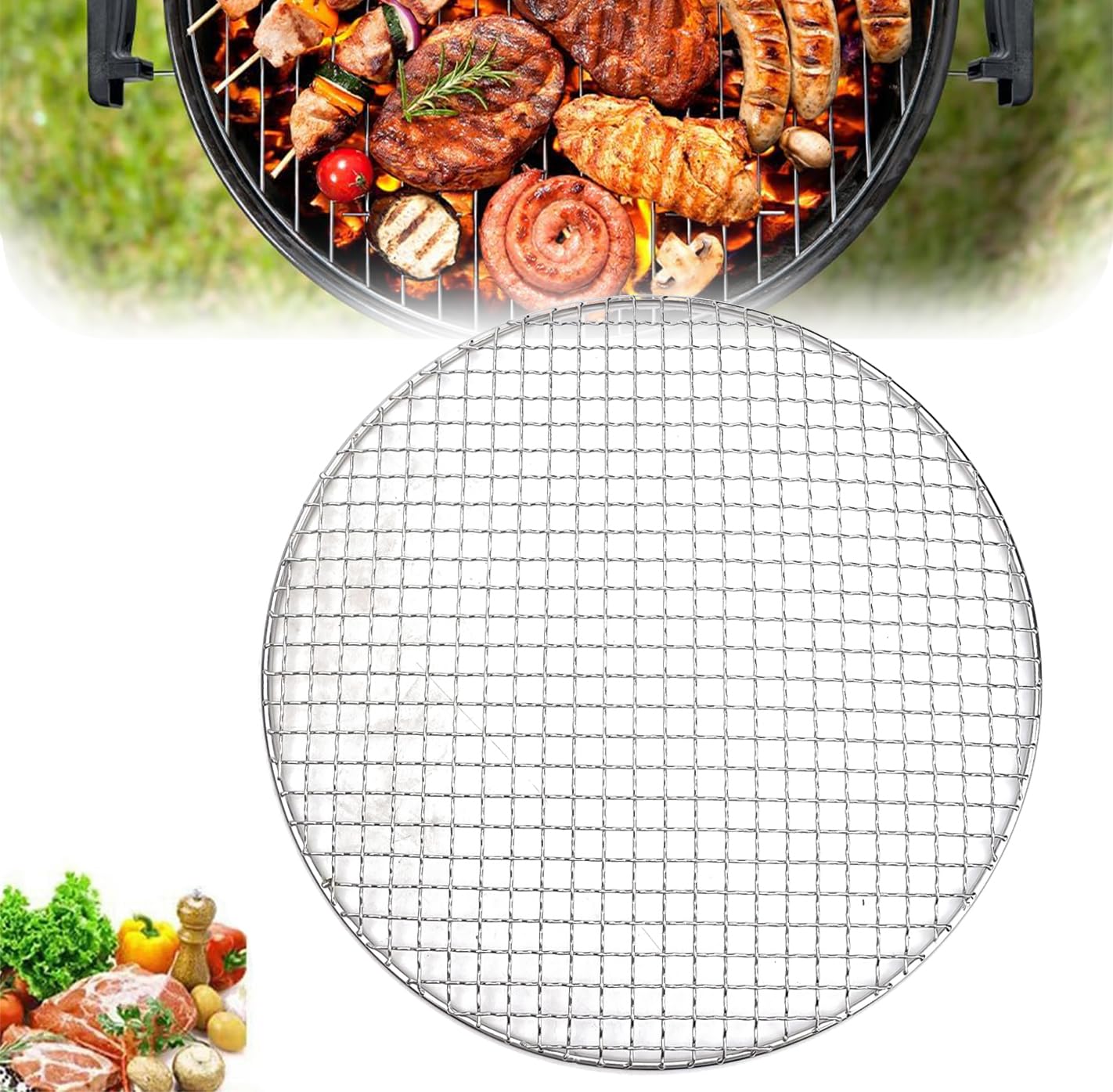 Parrilla redonda de acero inoxidable de 55 cm para barbacoa, rejilla de cocción para cuenco de fuego, distribución del calor, fácil de limpiar, bandeja de hornear para camping, jardín, picnic, cocina