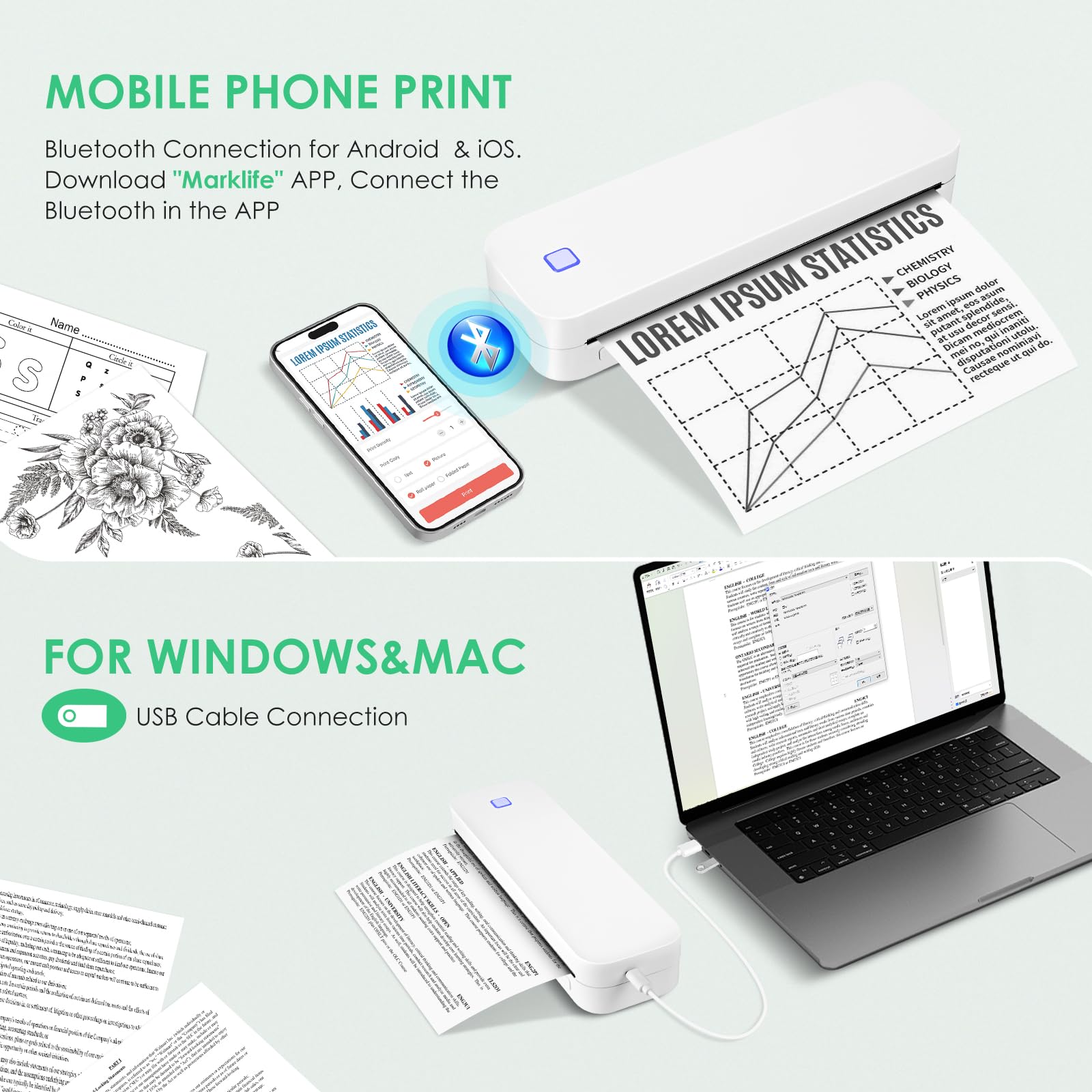 Imprimante Portable Bluetooth Thermique A4 210x297mm Compatible Android iOS Blanc
