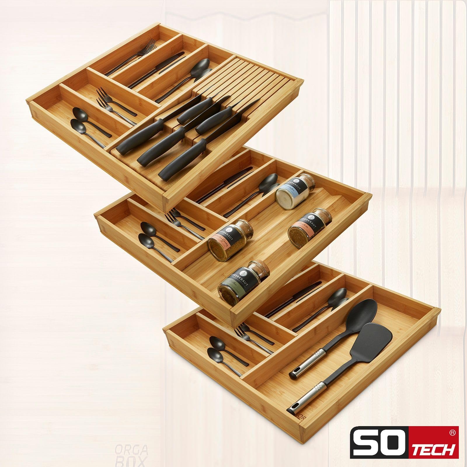 ORGA-BOX 3 Organizador Para Cubiertos De Bambú – 10 Compartimentos, Mide 473x797mm, Ajuste Exacto Para Cocinas Nobilia (a Partir 2012)