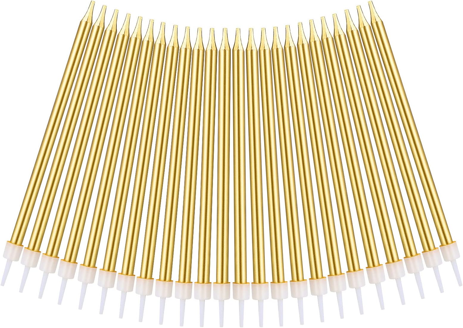 URAQT Metallic Birthday Candles, 24 Pcs Champagne Gold, 5.1 Inch Long Thin Candles with Holders for Cake Decoration