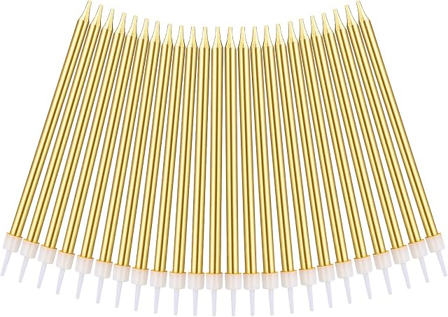 URAQT Birthday Candles, 24 Pcs Metallic Birthday Cake Candles in Holders, 5.1 inch Long Thin Golden Candles Cupcake Candles for Birthday Wedding Baby Shower Party Decoration