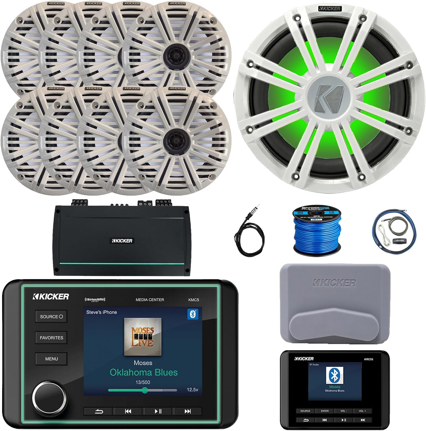 Kicker KMC5 3.5" Marine Bluetooth USB/AUX WB AM/FM Gauge Style Receiver W/Controller, 8X 6.5 195W Max 4 Ohm Speakers W/White Grilles, Subwoofer W/White Grille, Amplifier W/Kit, Antenna, Wire