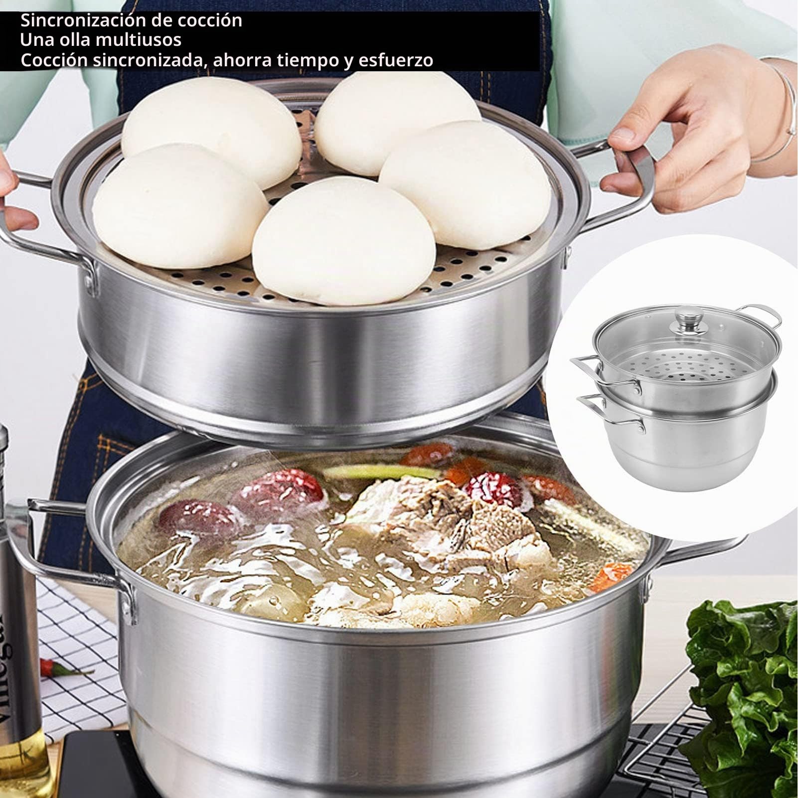 Olla De Vapor De Acero Inoxidable Para Cocinar, Olla De Vapor De 28 Cm, Vaporera De Pescado Con Tapa De Vidrio, Sartén Para Cocer, Olla Al Vapor, Utensilios De Cocina, Vaporera Para Verduras(3 Tier)