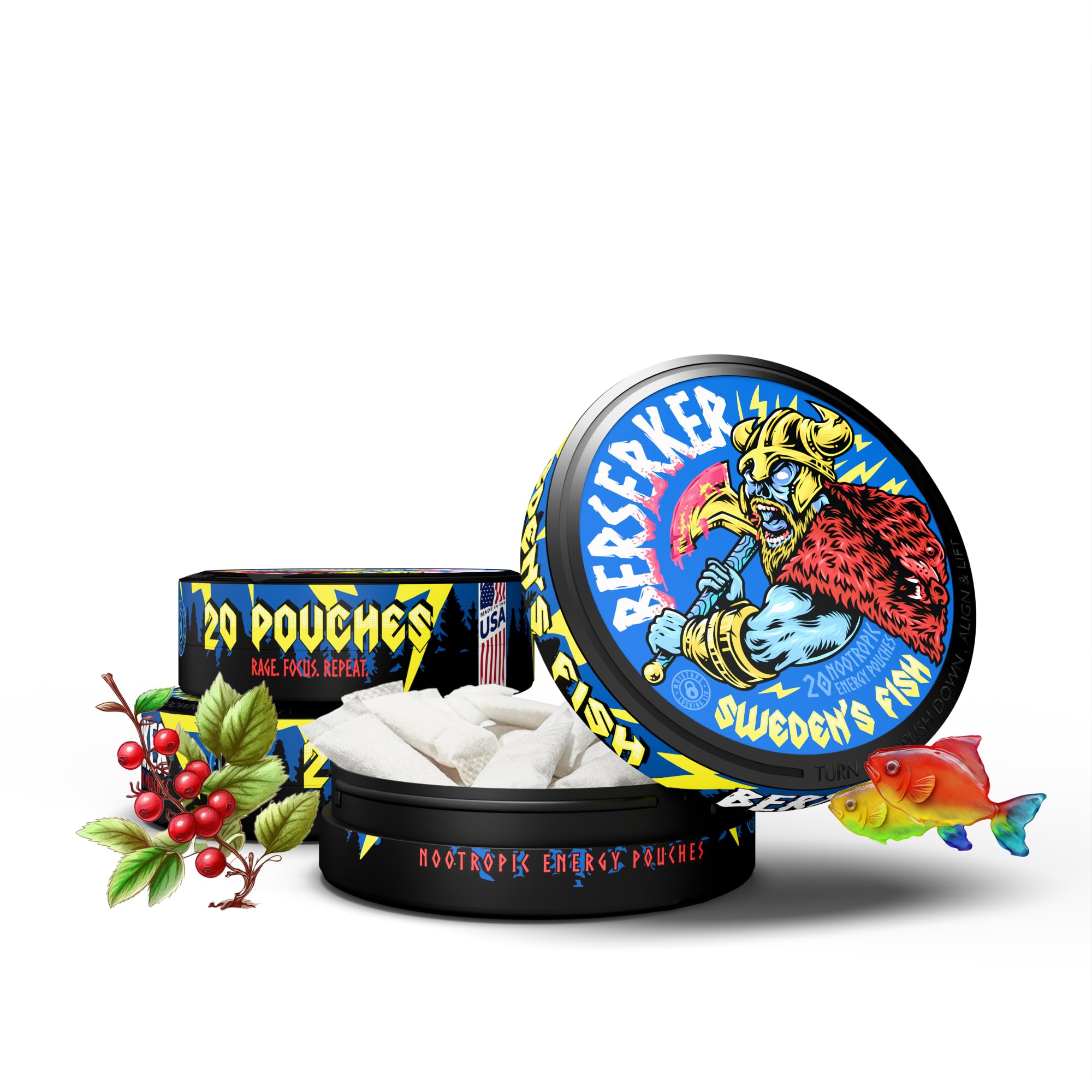 Berserker Focus Pouches - Sweden's Fish - Caffeine Infused - 100mg Per Pouch - Nootropic Enhanced - 3 Pack - Tobacco & Nicotine Free - Energy Drink Replacement