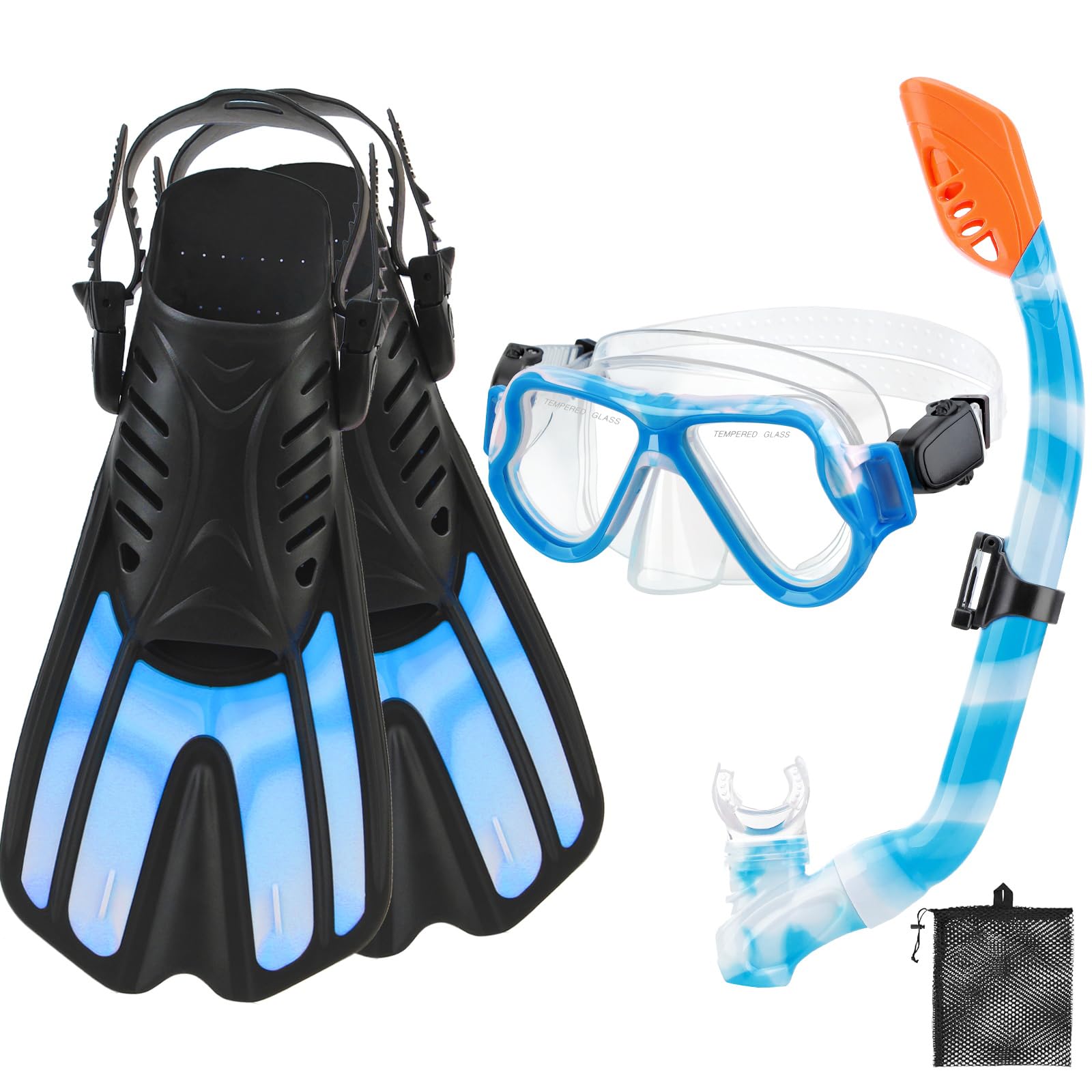 CTSAYTL Snorkeling Gear for Kids Ages 3-14, 4 in 1 Mask Fins Snorkel Set with Panoramic View Anti Fog Mask, Dry Top Snorkel, Trek Fins and Travel Bag,