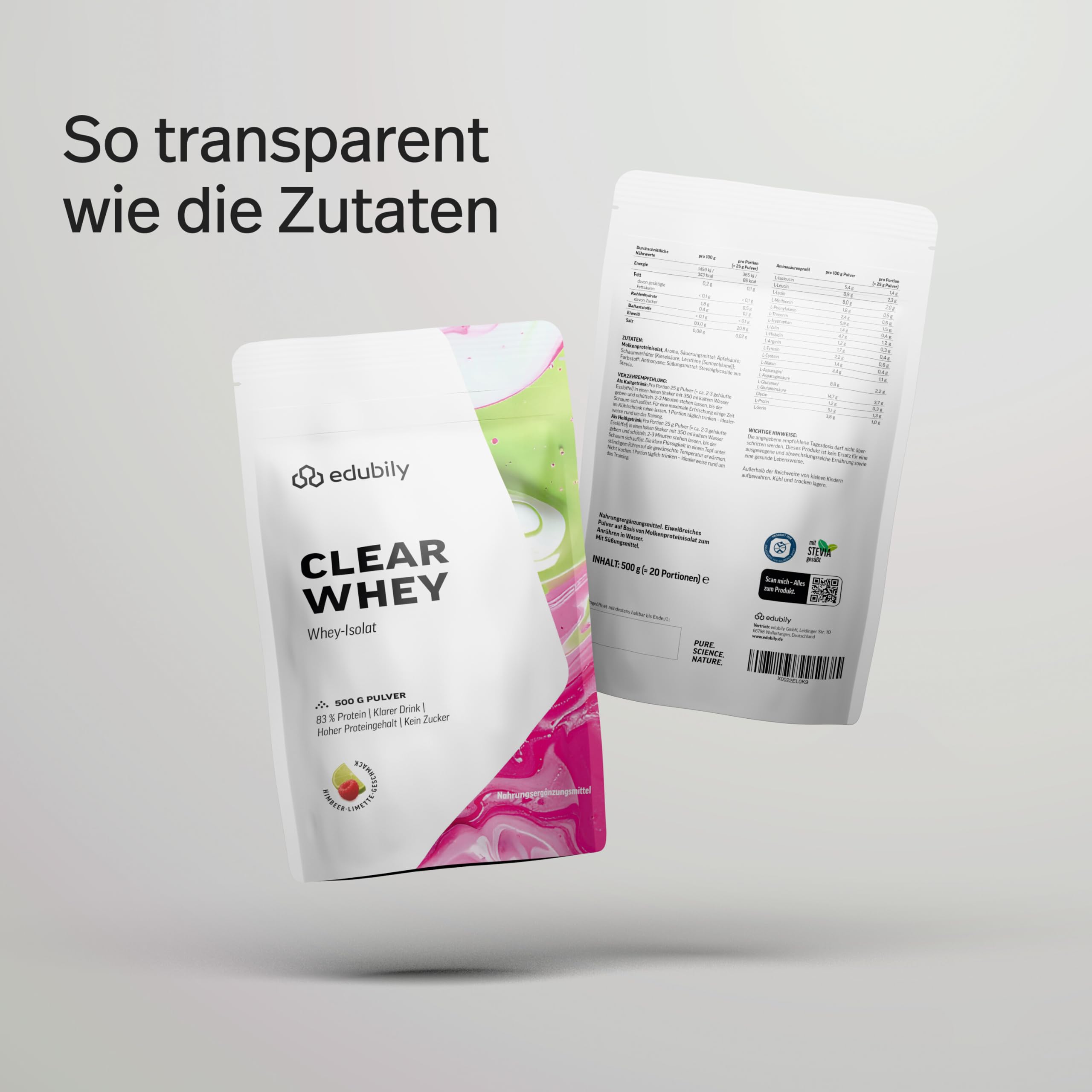edubily® Clear Whey Isolat - Klarer Proteindrink - ca. 83% Proteingehalt - Laktosefrei - Fruchtige Geschmacksrichtungen (500 g, Himbeer-Limette)