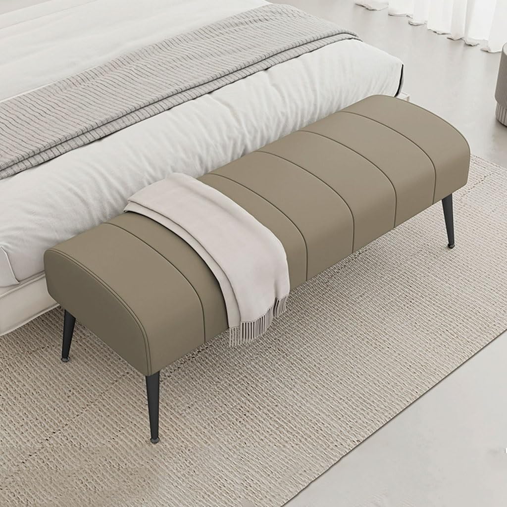 Nowoczesna Ławka Na Koniec Łóżka,podnóżek Do Sofy W Salonie, Ławka Na Buty Do Przedpokoju Skórzana Tapicerka Zakrzywione Siedzisko Z Solidnymi Nogami(Beige-brown,120cm)