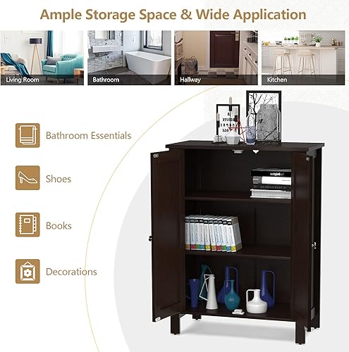 Miniatura 5 de GOFLAME Armario de suelo de baño, armario organizador de almacenamiento independiente con estante ajustable de 3 niveles y puertas dobles, armario
