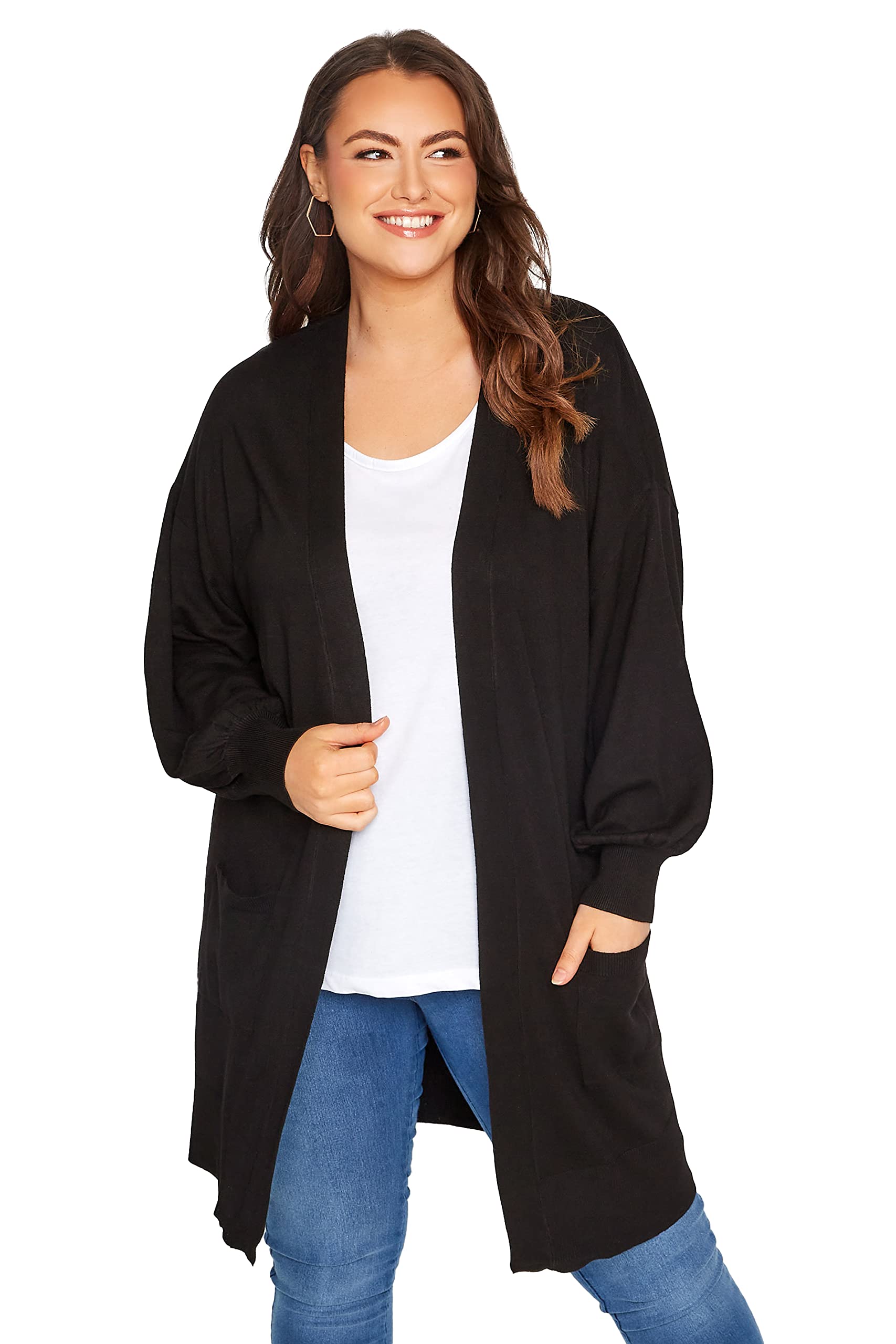 Yours Balloon Sleeve Fine Knit Cardigan Black Size 26-28