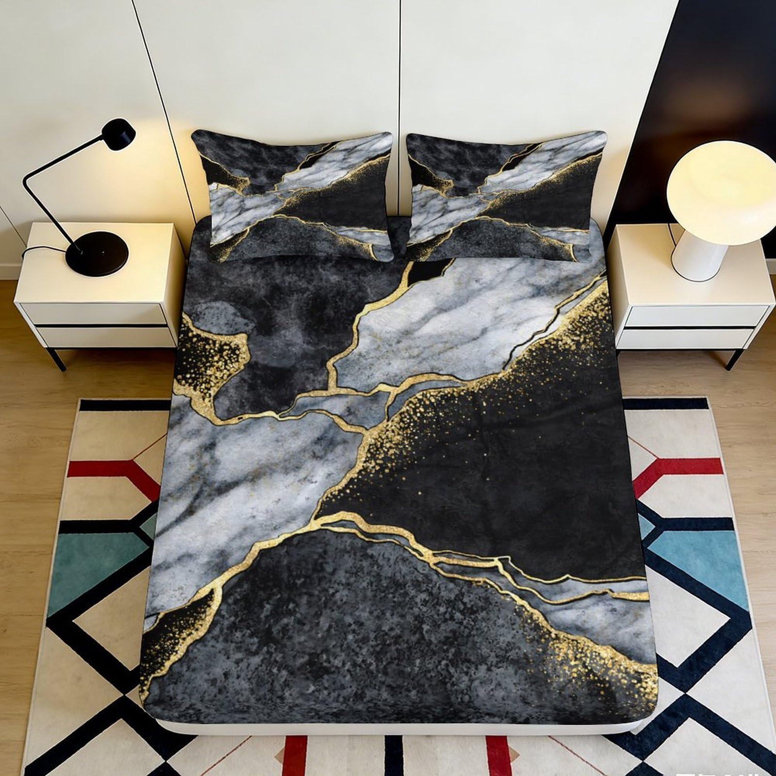 3D Printed Marble Fitted Sheet Microfiber Deep Pocket Non-Slip Bedroom Bedding Marble Mattress Fitted Cover for Adults 90x200x25cm