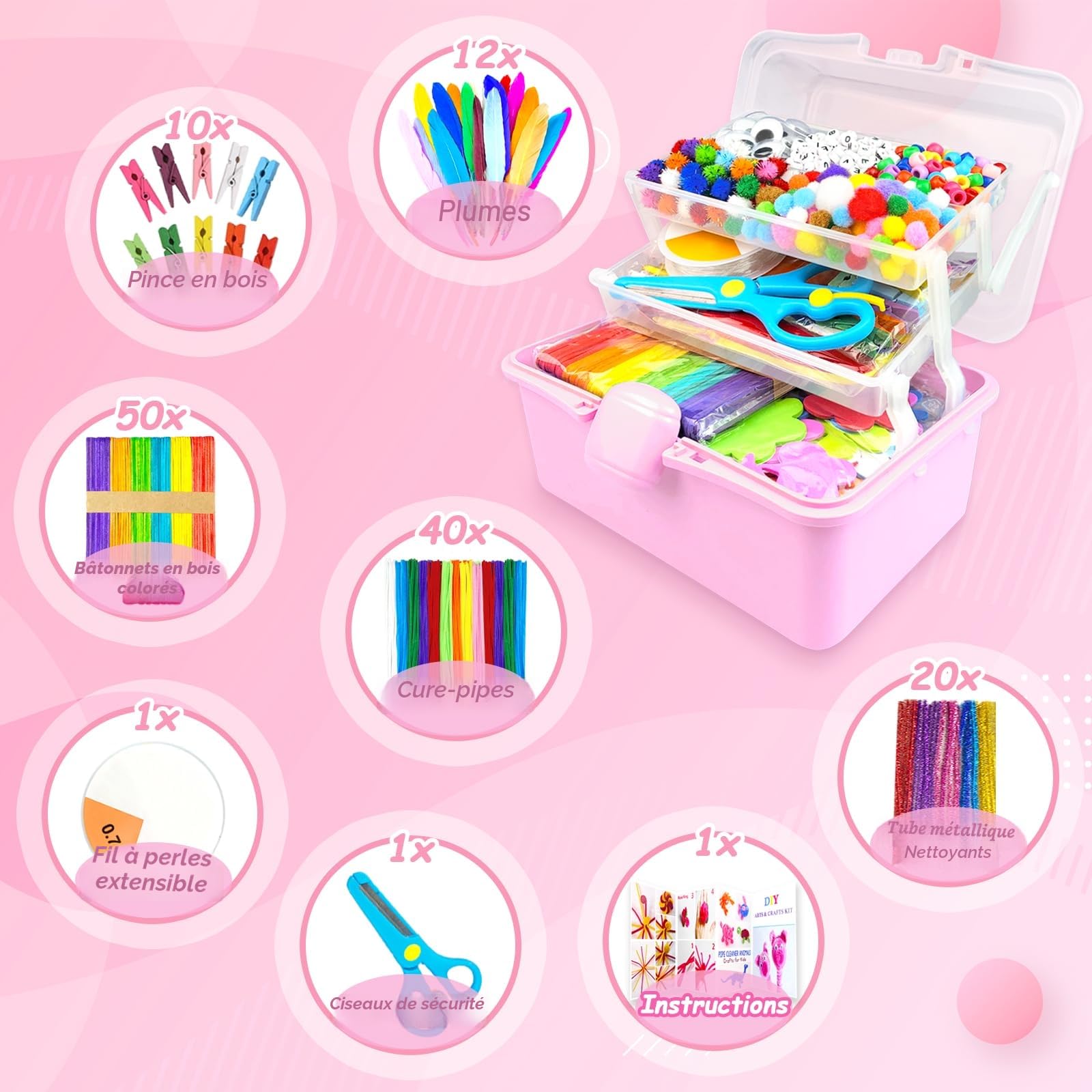 3000 Activites Manuelles pour Enfants Kit Bricolage Enfant Boîte bricolage Pipe Cleaners pour Enfants de 4-6 6-8 8-12 ans Activite Enfant Ensemble de Matériel Jouet Cadeau pour Filles Garçons, Rose