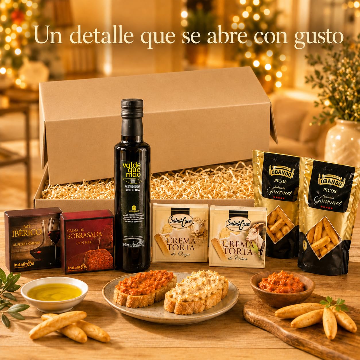 Cesta Gourmet para Regalar ACROL, Aceite oliva virgen extra 250 ml, cremas torta Oveja y Cabra, paté iberico, sobrasada con miel y picos artesanos, regalo cumpleaños mujer, regalos para hombres