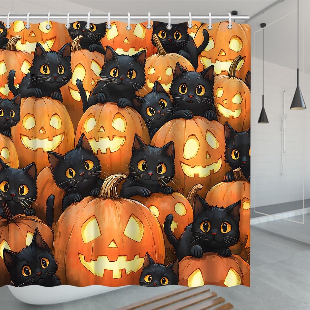 Fall Pumpkin Cat Shower Curtain Black Kitten Halloween Cute Kitty Autumn Harvest Thanksgiving Day Bath Decor Polyester Fabric Curtains 106X70 Inch