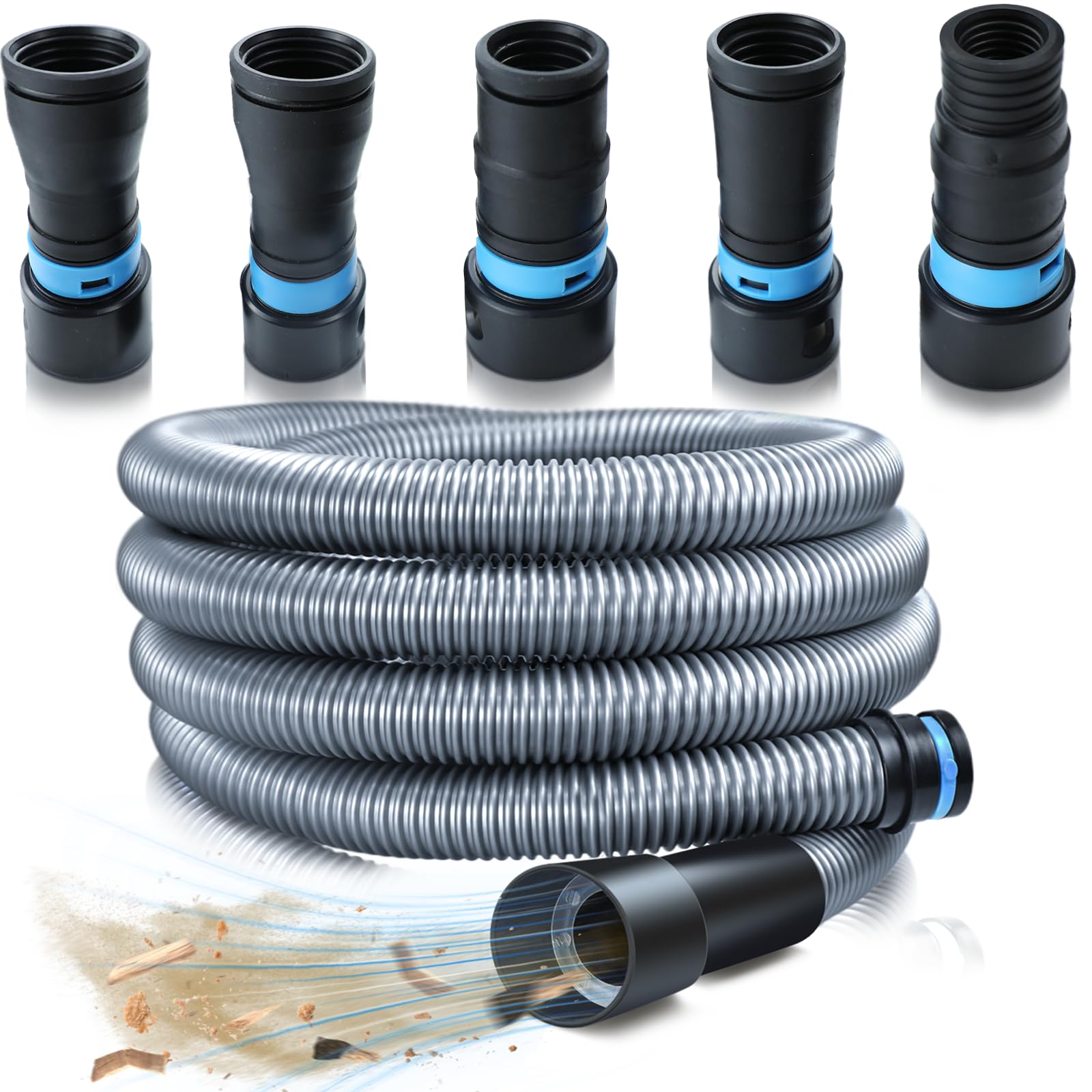 1 1/4 Inch x 17 Feet Dust Collection Hose Kit for Home and Shop Vacuums System with 5 Adapters of Woodworking Power Tool and Sander, Compatible with Multi-Brands, Silver Gray Vacuum Hose