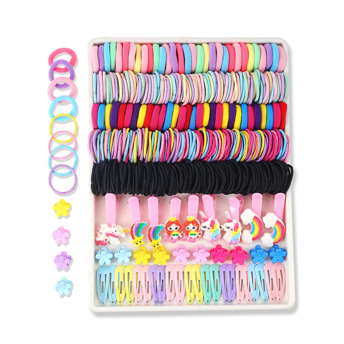 INSKIDS Juego de 440 piezas de accesorios para el cabello para niñas, lazos de nailon para el cabello de colores dulces, banda elástica para coleta de caballo para bebé, clip de pelo de dibujos