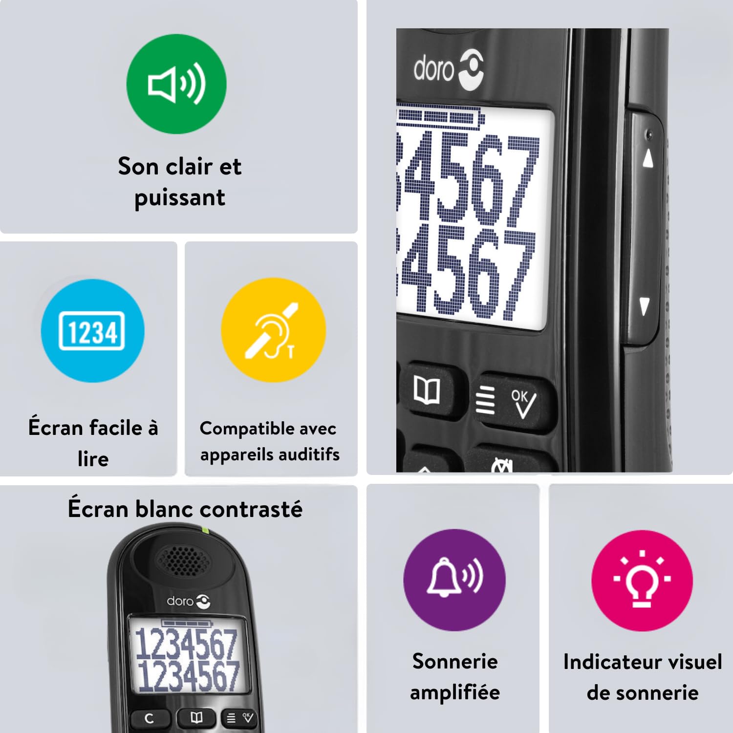 Doro PhoneEasy 110 Téléphone sans Fil DECT pour Seniors avec Touches Grandes Parlantes, Fonction Intercom/Appel Interne et Audio Amplifié (Noir X 2) [Version Française]