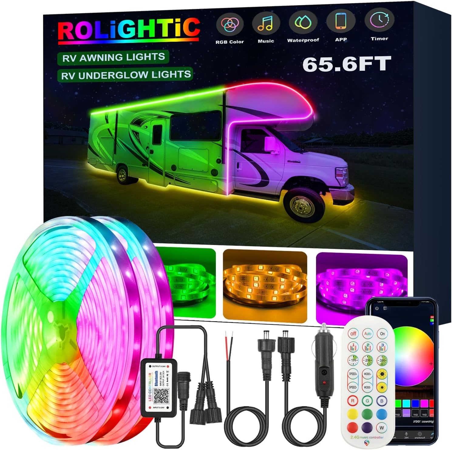 ROLiGHTiC 65.6FT RV Awning Lights Strip, 12V MultiColor RV