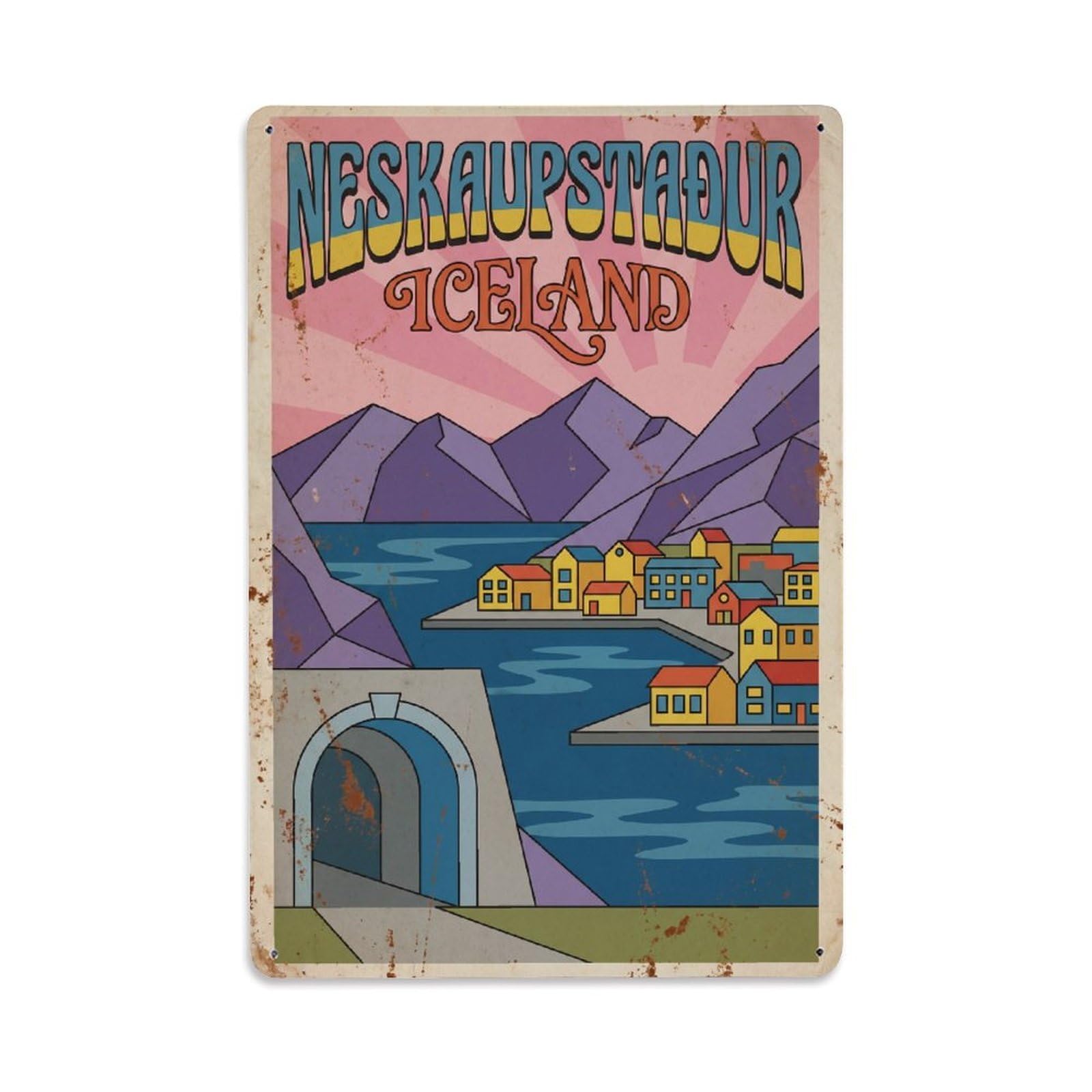 Gead 8X12inch Style Vintage Travel Neskaupstadur Iceland Fjord Metal Tin Sign