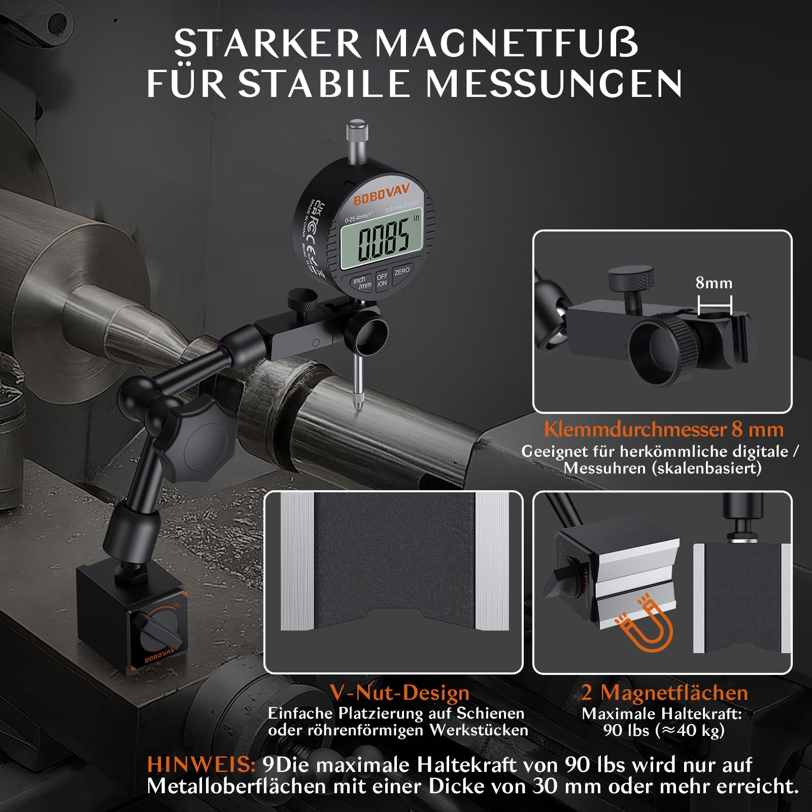 Digital Messuhr-Set mit Magnetfuß 0-25,4 mm, Auflösung 0,01 mm, mm/Zoll umschaltbar, 40 kg Haltekraft, flexibler 3-Gelenk-Arm Messwerkzeug– Für Labor Drehmaschinen, Fräsmaschinen & Werkstatt