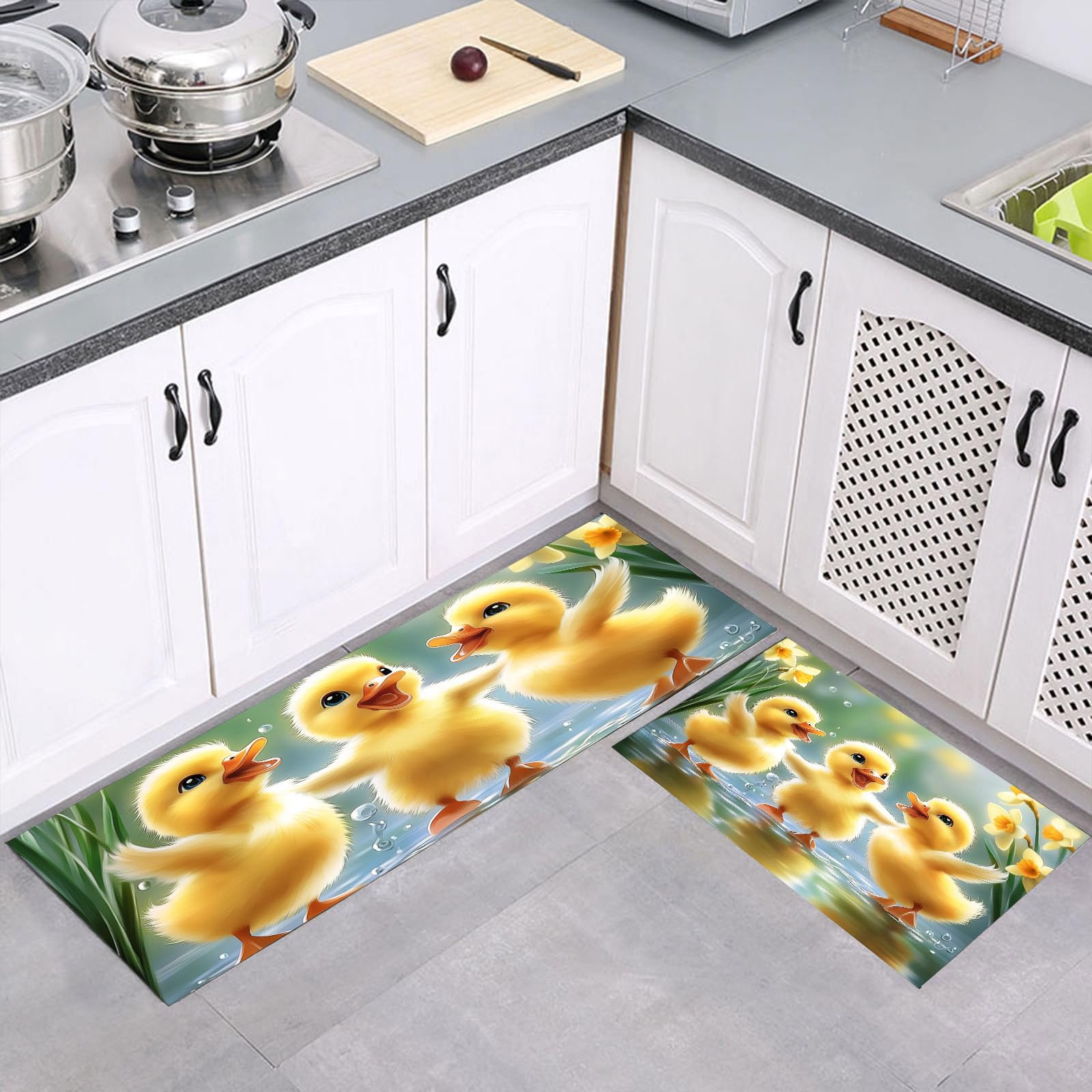 Alfombras de cocina amarillas lavables con diseno animado de pato