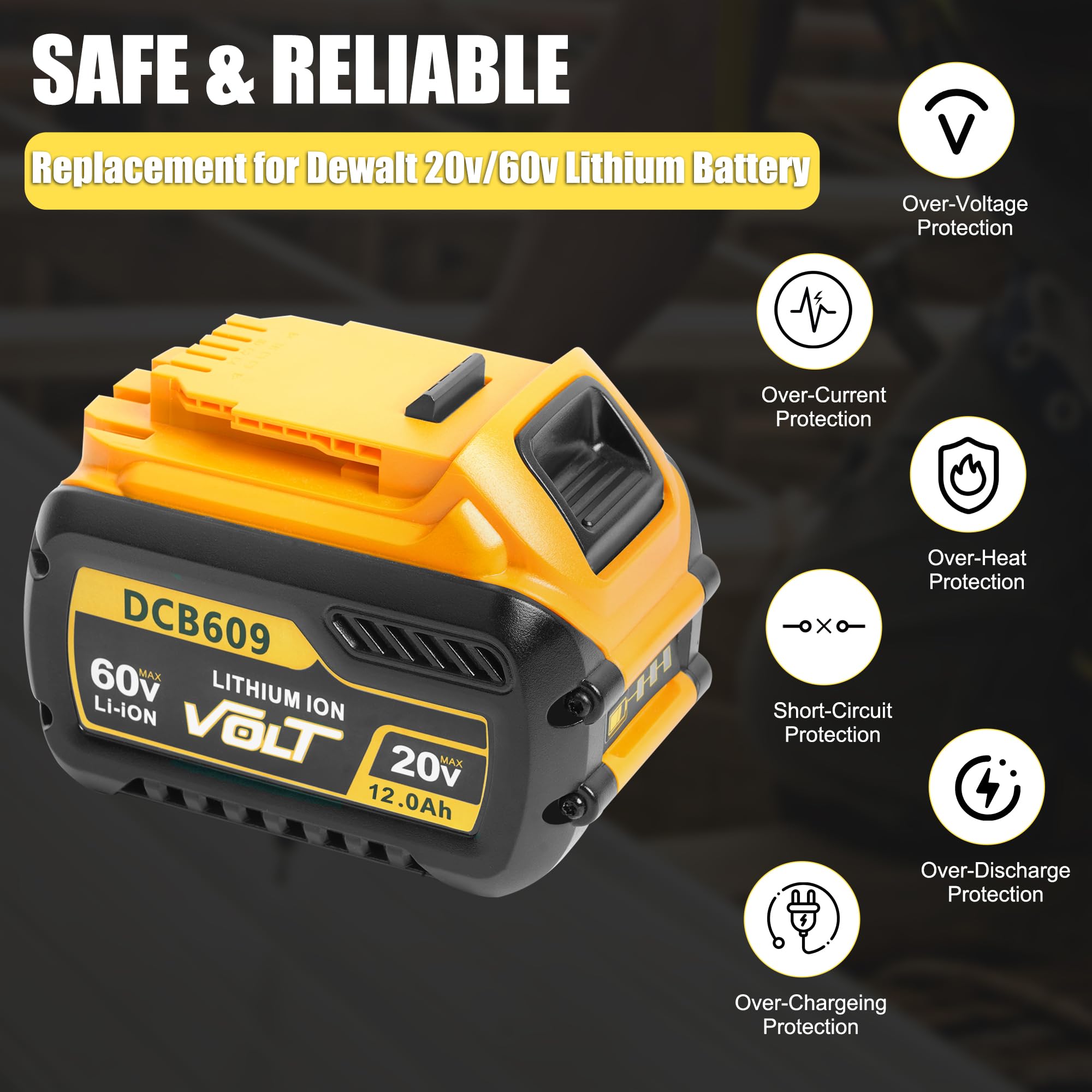 2-Pack 12 0Ah Replacement Battery for DeWalt FlexVolt 20V 60V Max Compatible with DCB606 DCB609 DCB612 DCB200 DCB205 — view 4