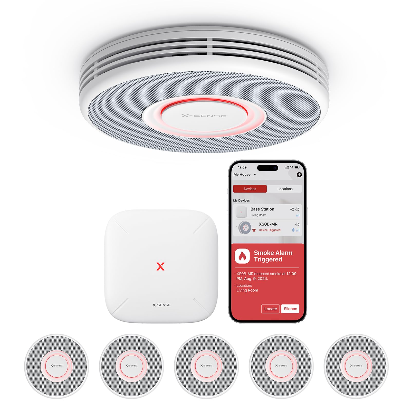 X-Sense Alarma con Aviso de Voz (Solo en Alemán), Detector de Humo WiFi, Las Funciones de la Splicación Requieren una Estación Base SBS50 (Incluida), XS0B-MR31, 3 Detectores y 1 Base