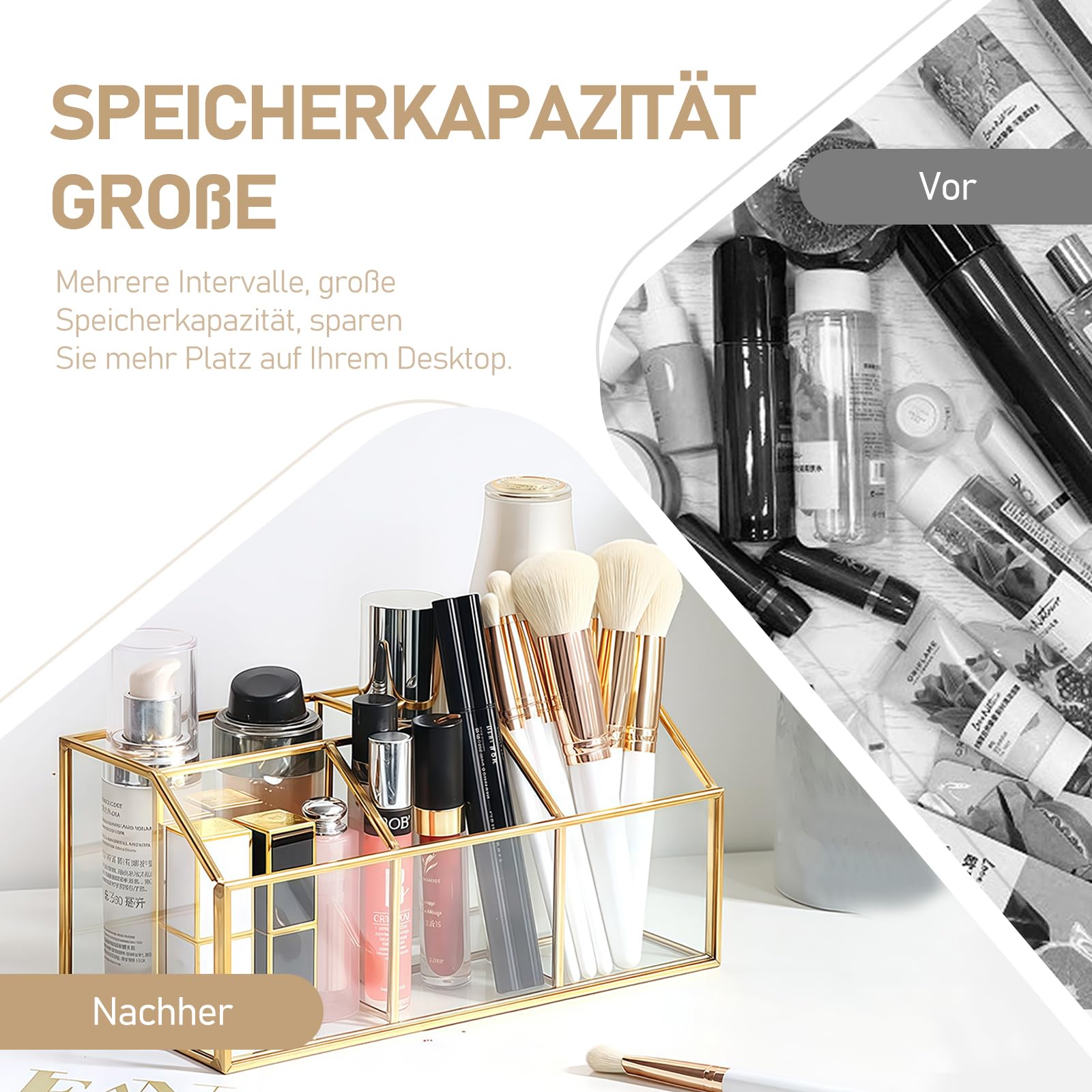 HARLIANGXY Kosmetik Organizer, Make up Organizer Gold, 5 Fächer Vintage Schminktisch Organizer, Pinselhalter Glas, Schminkpinsel Aufbewahrung Box, Cosmetic Organizer für Badezimmer Schlafzimmer Kosmetik