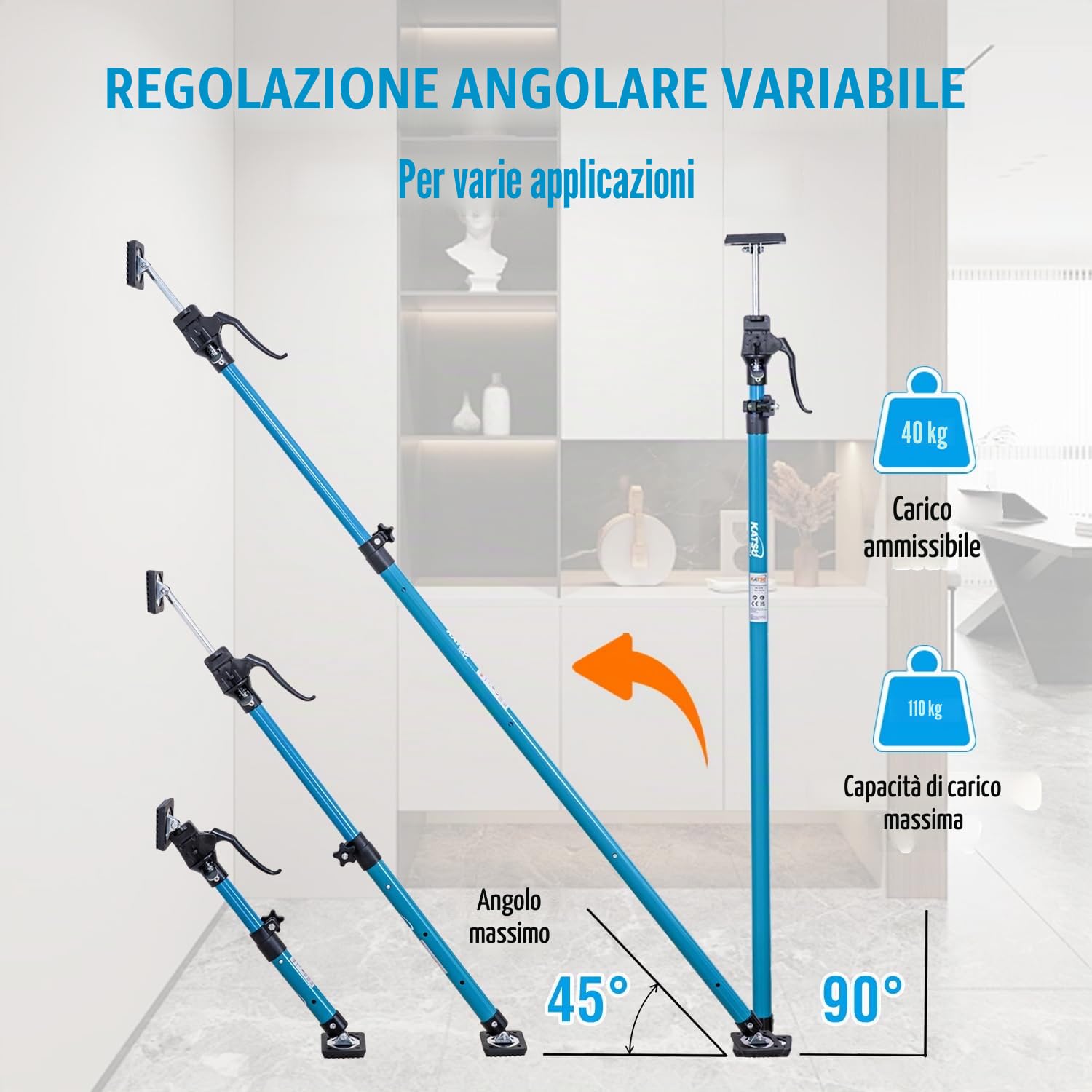 KATSU Tools Supporto telescopico per soffitto, confezione da 2, 125-290 cm, in acciaio, capacità di carico 40 kg, per posizionamento, tenuta e fissaggio di cartongesso