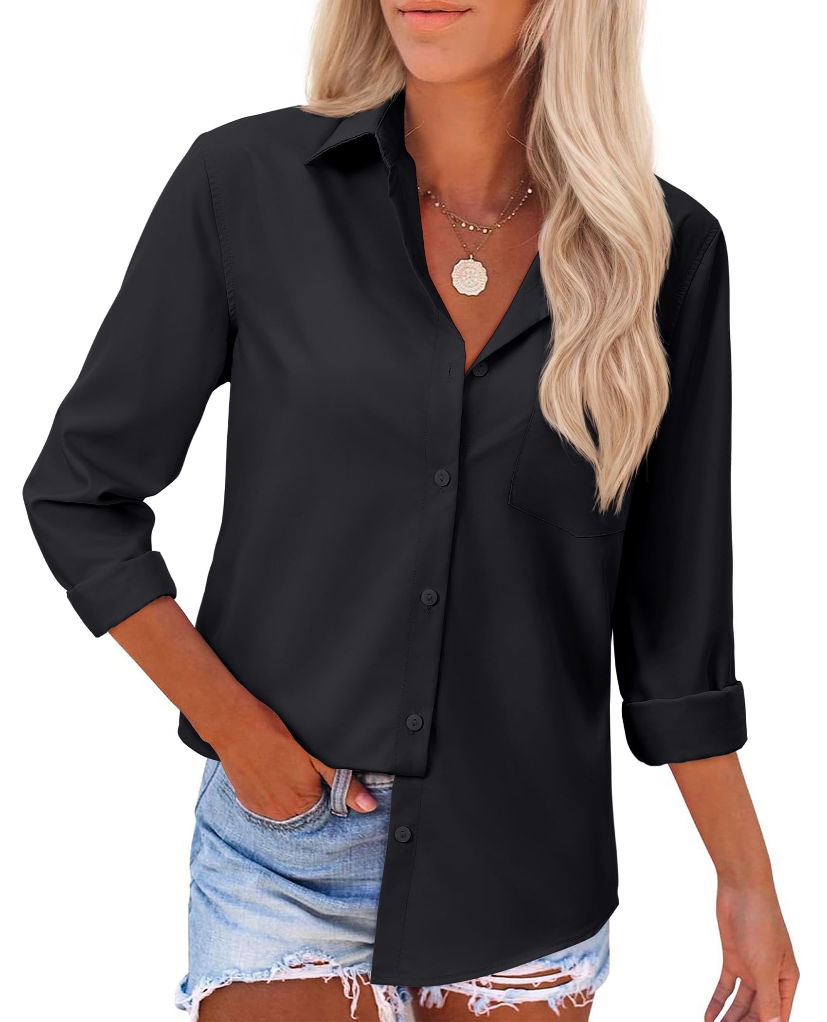 siliteelon Button Down Shirts for Women Dress Shirts Long Sleeve Wrinkle Free Work Office Fitted Cotton Blouse Tops