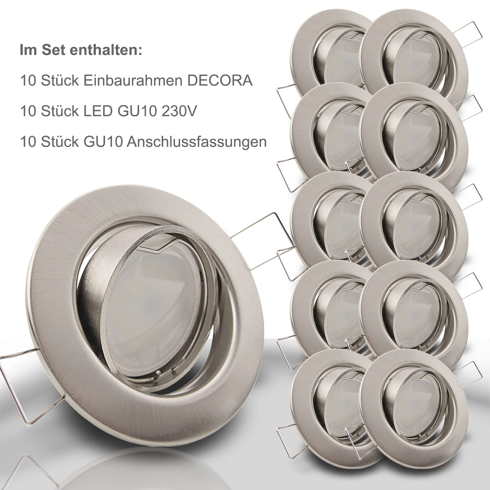 trendlights24 Decora LED Einbaustrahler 230V 10er Set 6W Kaltweiß GU10 Spot | Deckenspots, Edelstahl Optik, rund, 500lm, 6000k, Spots, austauschbar, Decken Einbauleuchte, schwenkbar, 68 mm Lochmaß