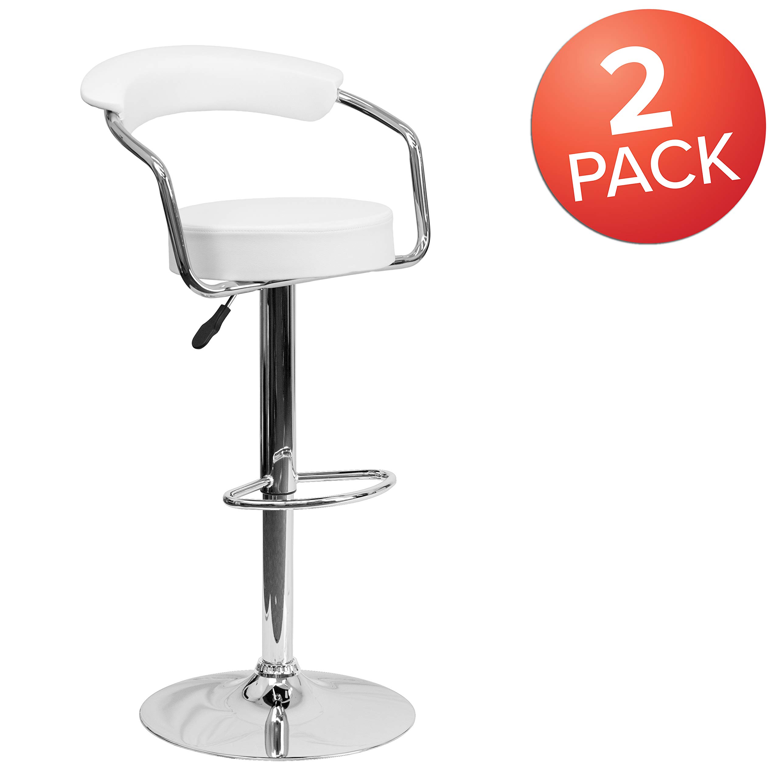 Flash Furniture Taft - Sgabello da Bar Moderno in Vinile, Altezza Regolabile, con braccioli e Base cromata, Confezione da 2, Colore: Bianco