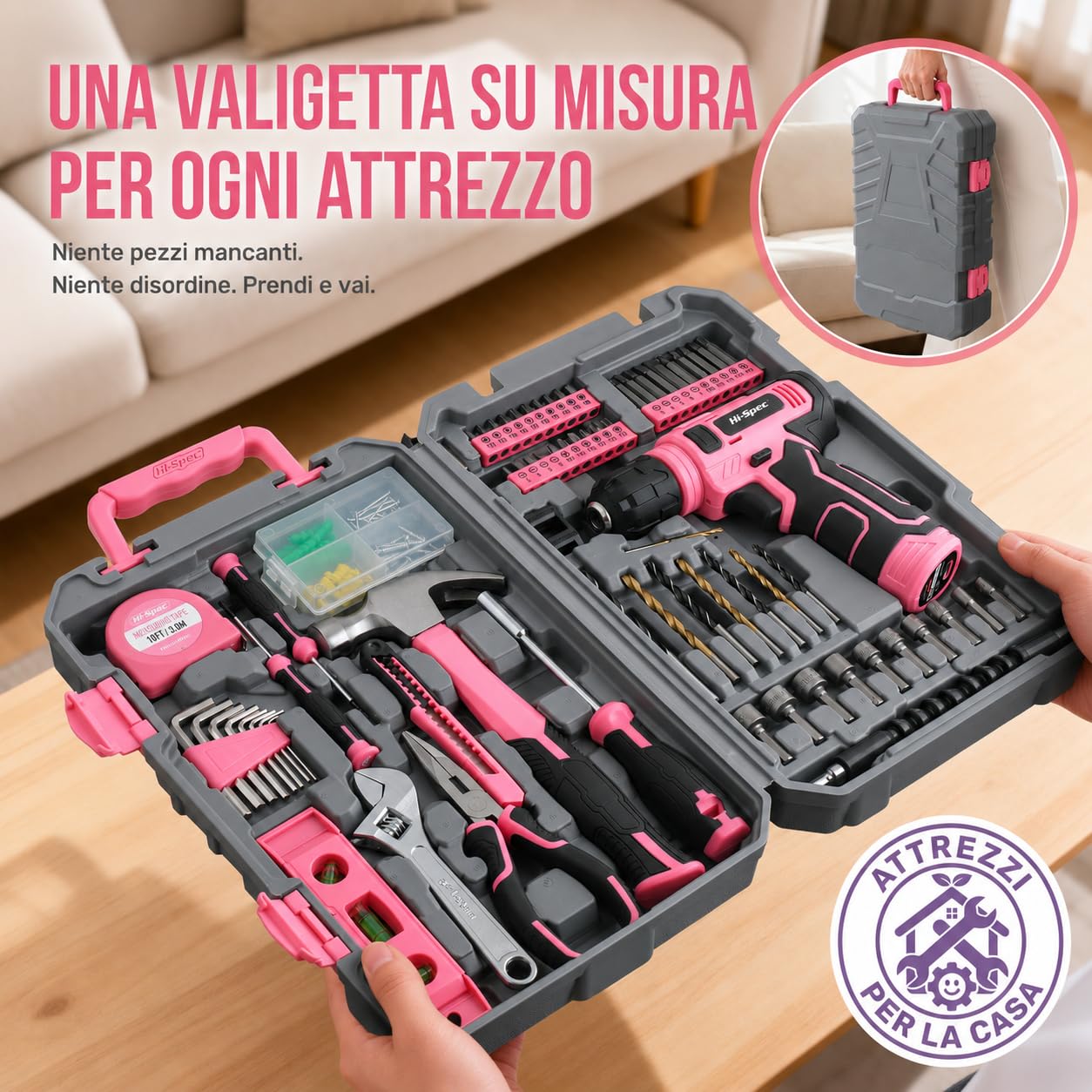Hi-Spec Set Attrezzi Rosa con Trapano 8V. Kit Completo Trapano Elettrico Ricaricabile USB Senza Fili per Donne, Riparazioni e Manutenzione Domestica Fai-da-Te, in Valigetta Compatta