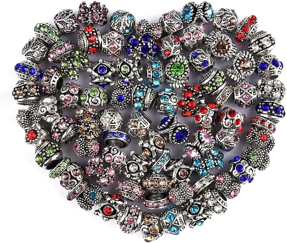 60 Pieces Assorted European Beads with Plating Silver Metal Alloy Rhinestone Large Hole Spacer Beads for DIY Charm Bracelet Jewelry Making (Inlaid Drill Alloy)