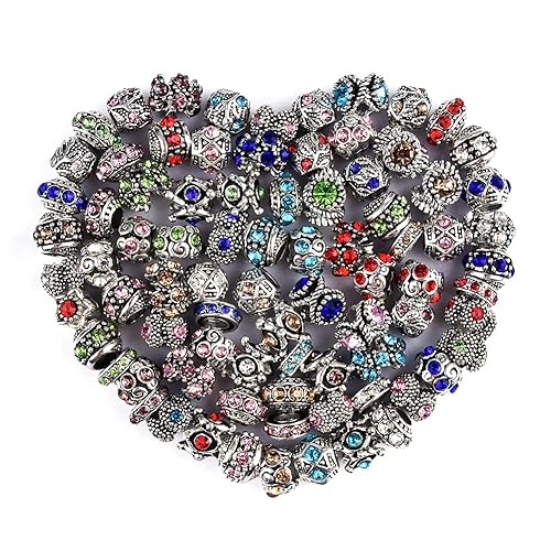 60 Pieces Assorted European Beads with Plating Silver Metal Alloy Rhinestone Large Hole Spacer Beads for DIY Charm Bracelet Jewelry Making (Inlaid Drill Alloy) - Inlaid Drill Alloy