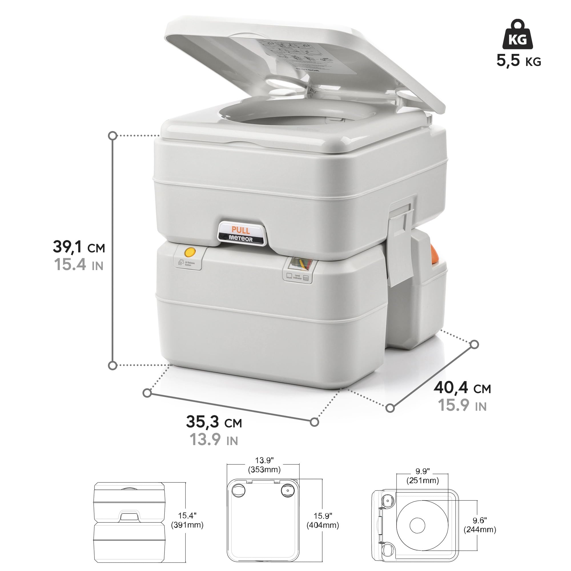 meteor Campingtoilette mit Wasserspülung Füllstandsanzeige Outdoor Tragbare Reisetoilette Mobiles WC Baustellen Robust Auslaufsicher bis 200kg Garten Camping Chemie-Toilette