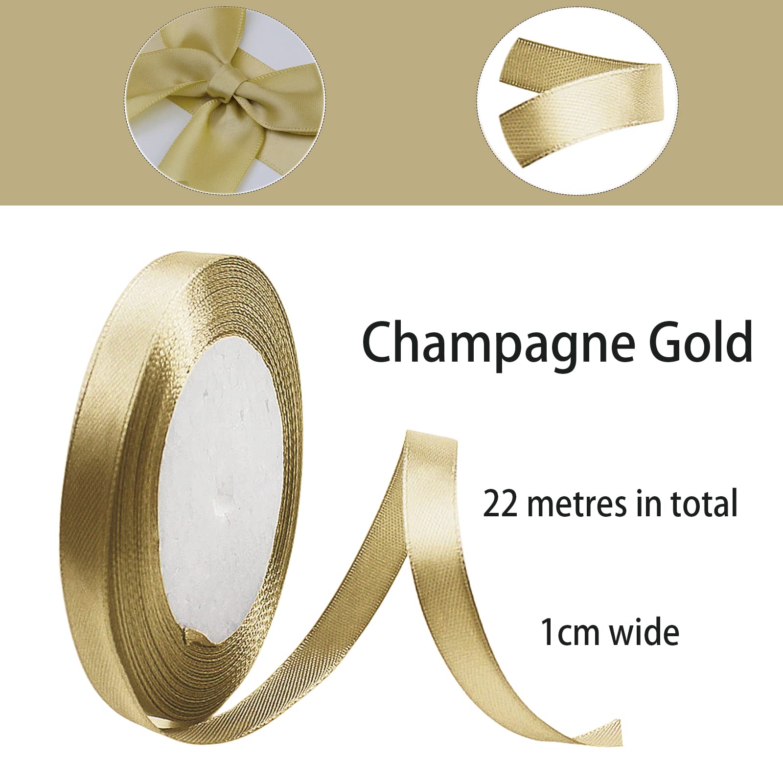Champagne Gold Satin Ribbon 10mm, 23 Meters Champagne Fabric Ribbons Double Sided Silk Ribbons for Gift Wrapping, Crafting, Hair Bows, Balloons, Wreaths, Cakes, Wedding Party, Christmas Decoration — view 2