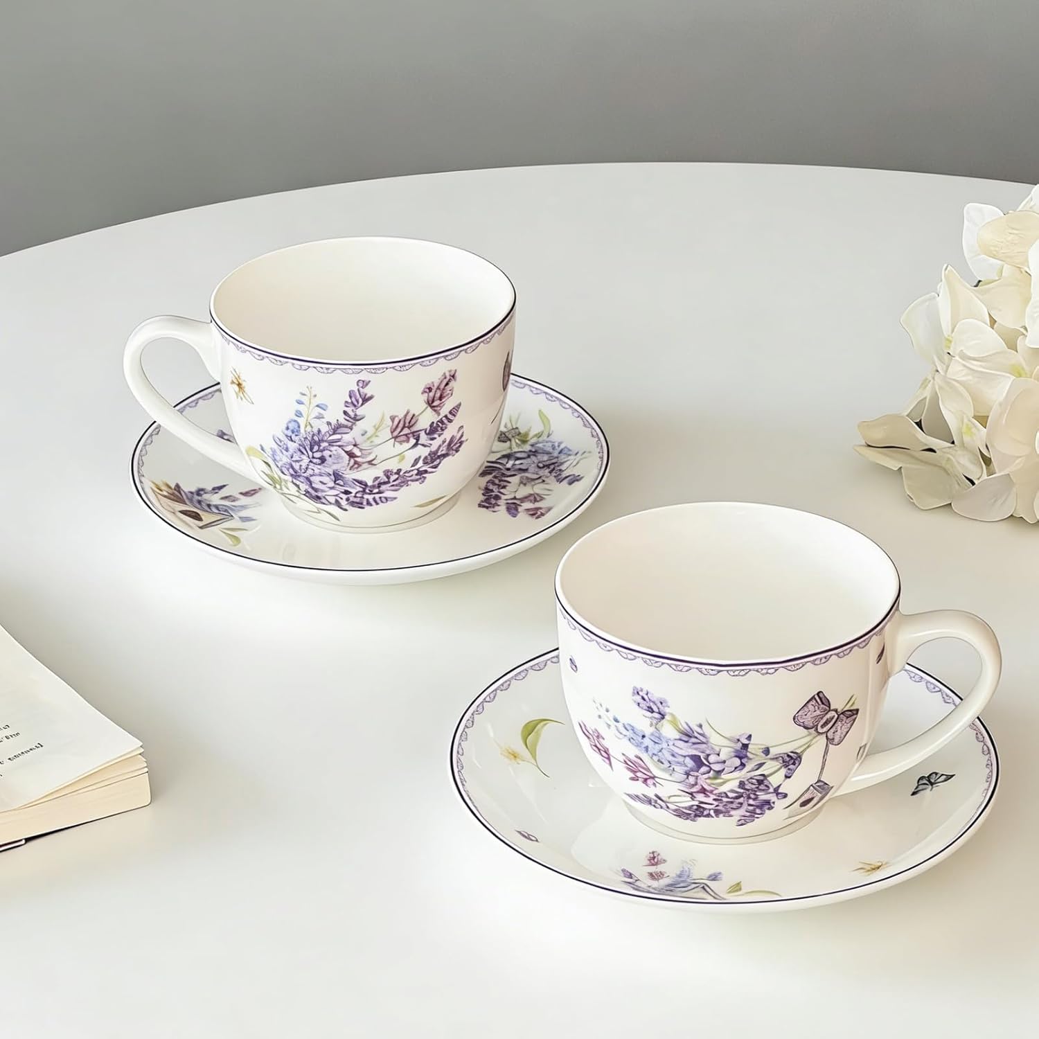 Coffee Mugs Set with Saucer Elegant Purple Wheat Design Ceramic Coffee Cup and Saucer Set, 10oz Wheat Ears Tea Cup Gift for Girls Women Mom Valentine's Day, Mother's Day (Purple Wheat Ears)